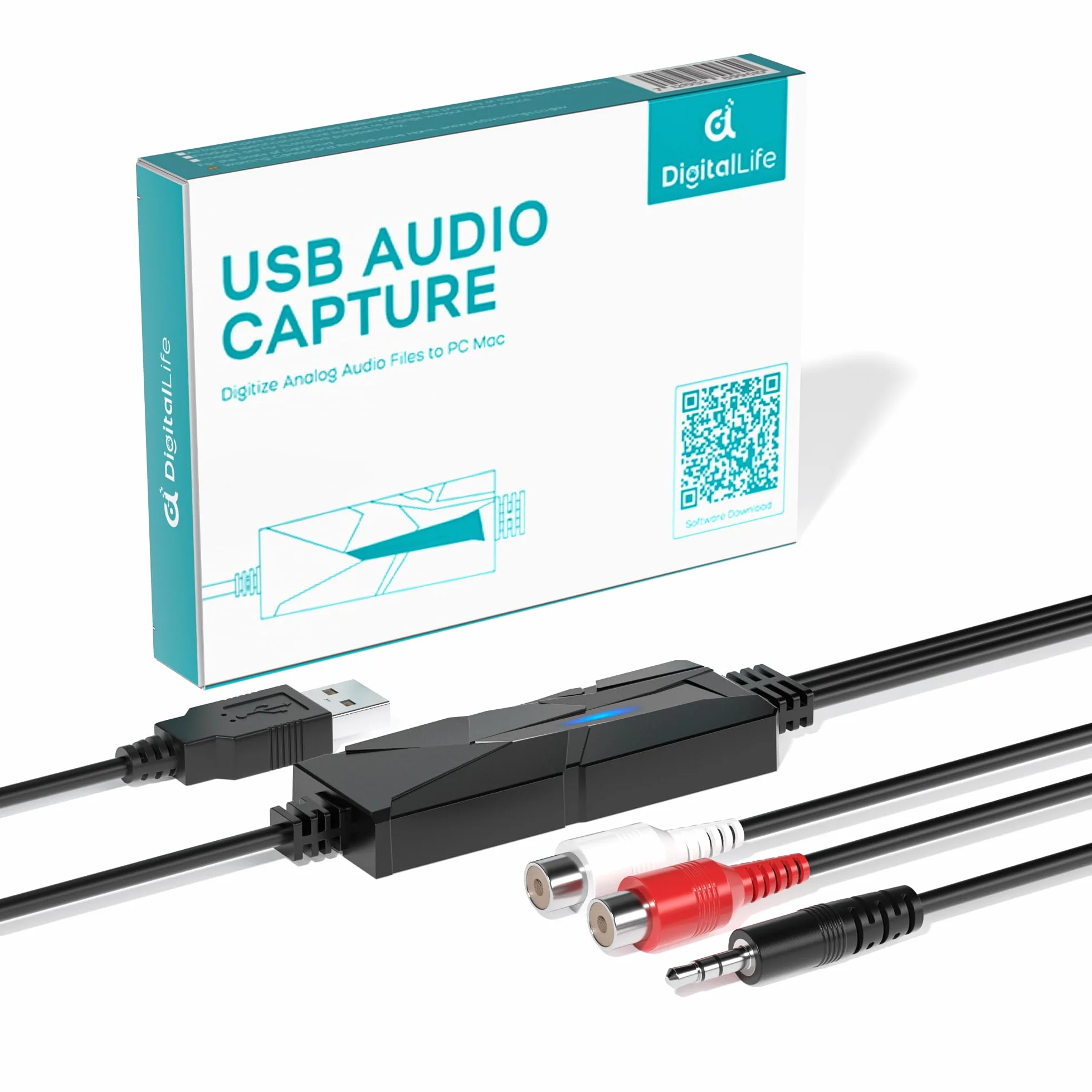DigitalLife USB 2.0 Audio Grabber z Wejściem 3,5 mm oraz R/L Stereo – Digitalizator Audio do Winyli i Kaset, Kompatybilny z Windows/macOS