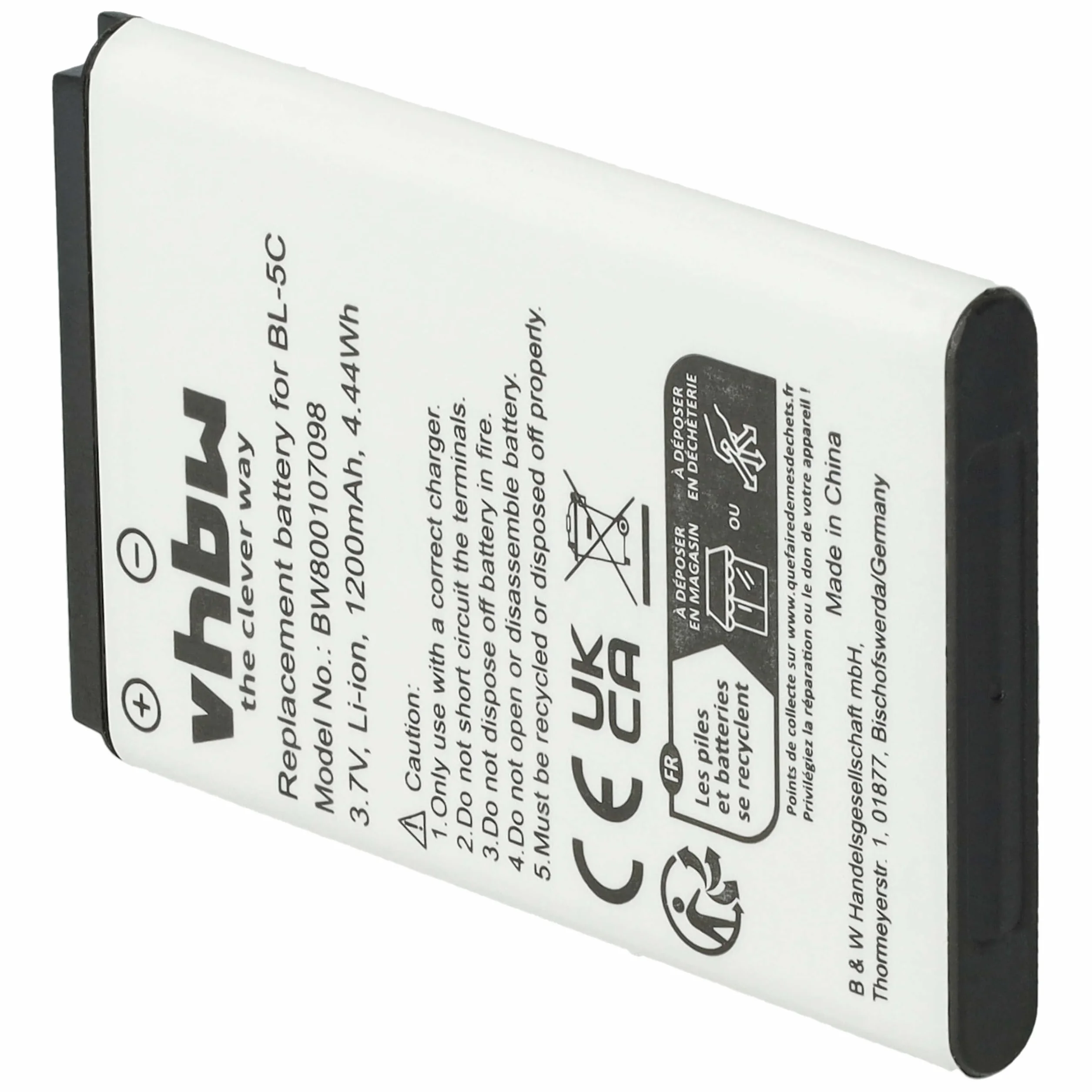 vhbw 1 x bateria kompatybilna z Nokia 1800, 1600, 1650, 1280, 1255, 1315, 1200, 1208, 1650, 1600 smartfonów (1200 mAh, 3,7 V, Li-ion)