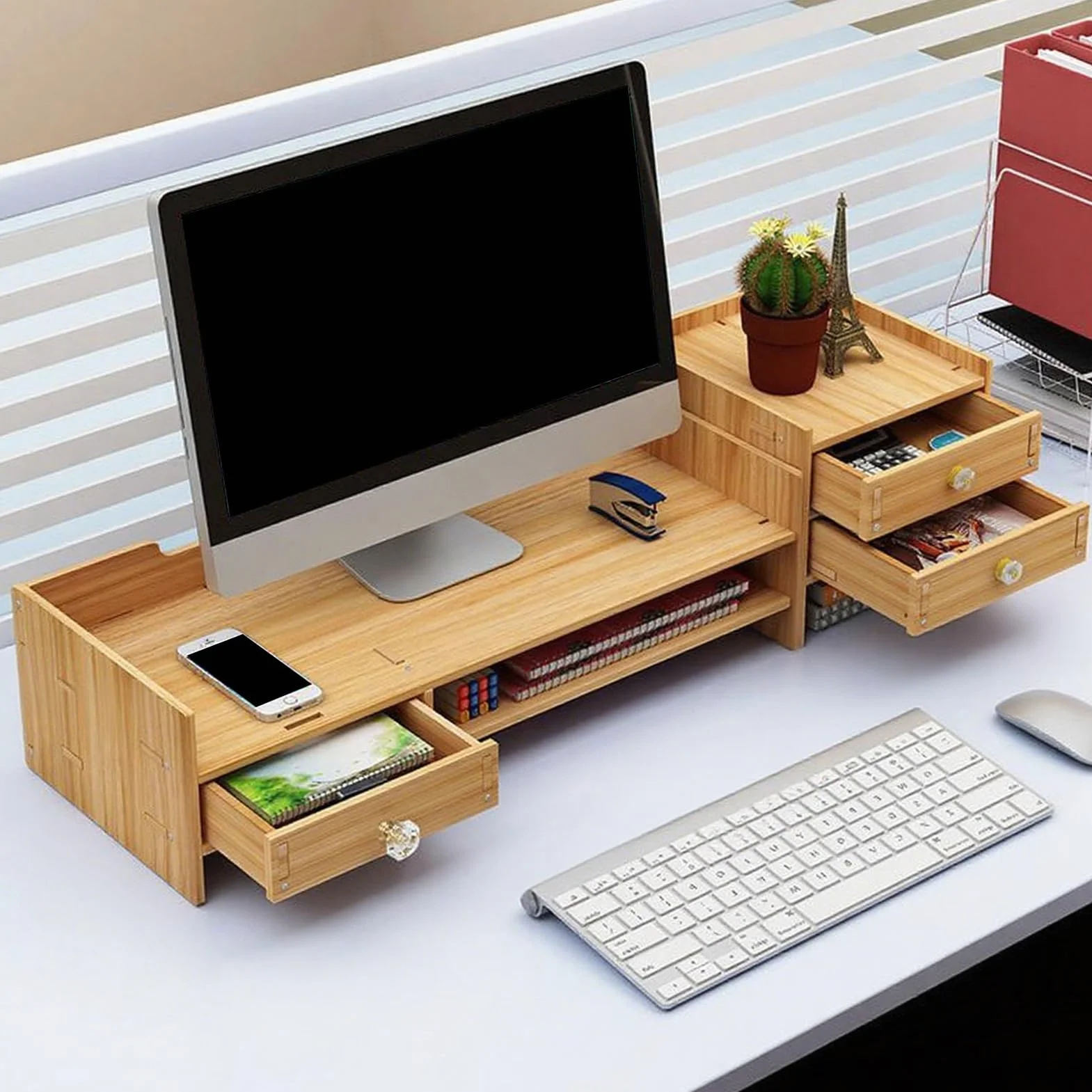 Podstawka Pod Monitor Organizer Biurka Z Drewnianą Półką Na Laptop | Organizer Do Przechowywania Sprzętu PC Laptopa Drukarki Klawiatury Akcesoriów Biurowych Organizacja M