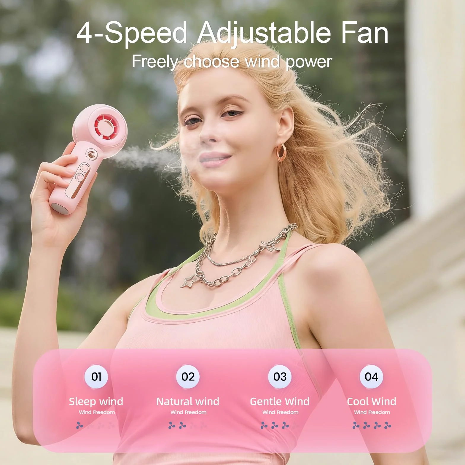 Gemmac Mini Przenośny Wentylator z Spray, Turbo Wentylator Ręczny USB z 2000 mAh Bateria/4 Prędkości, Różowy Pocket Fan dla Podróży Domu Biura na Zewnątrz Makijażu Odpowiedni dla Modnych Kobiet
