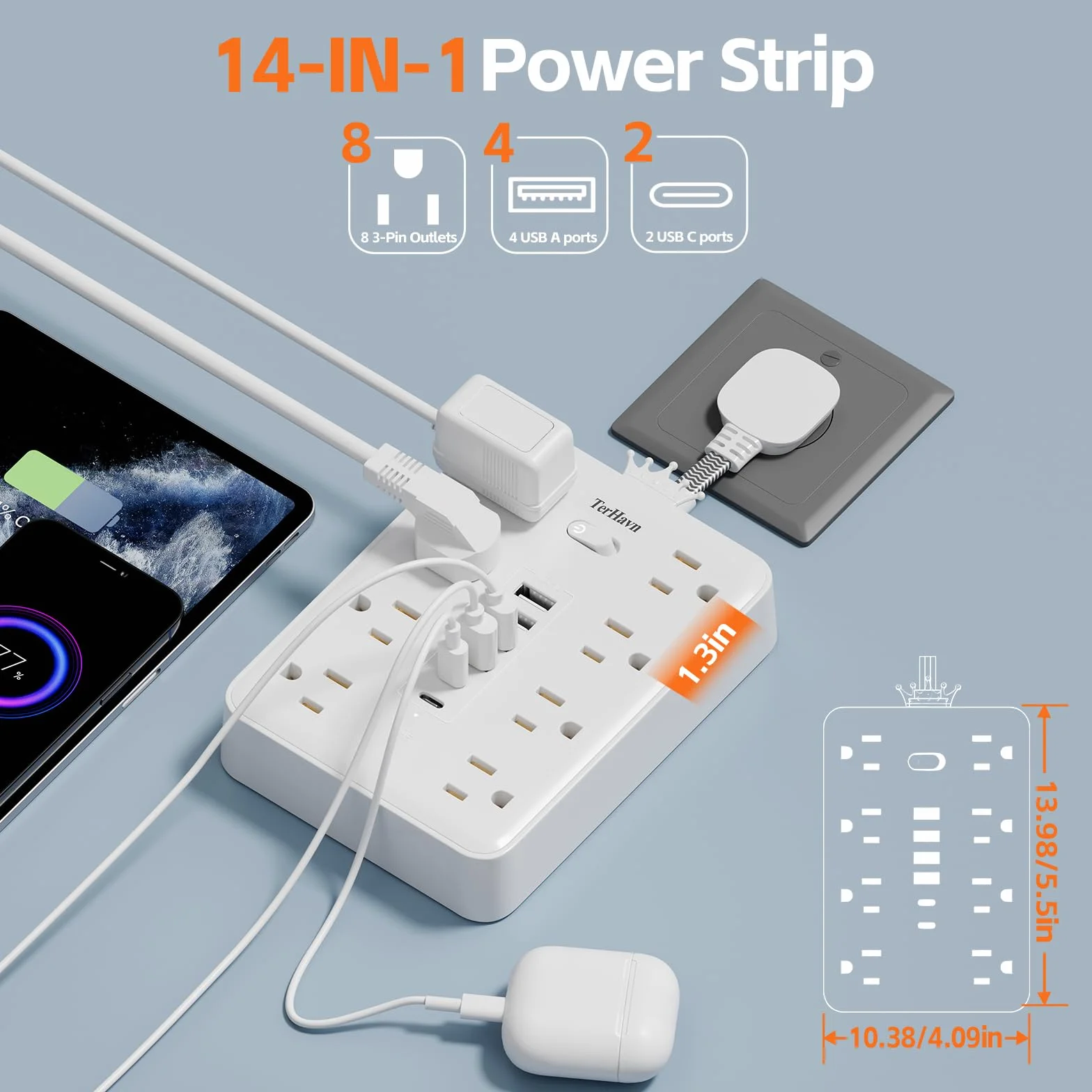 Ultra cienka płaska wtyczka, zabezpieczenie przed przeciążeniem, listwa zasilająca z 8 gniazdami AC, 6 USB (2 USB C) do domu, biura, sypialni, podróży, niezbędników, 15 A, 1875 W UL