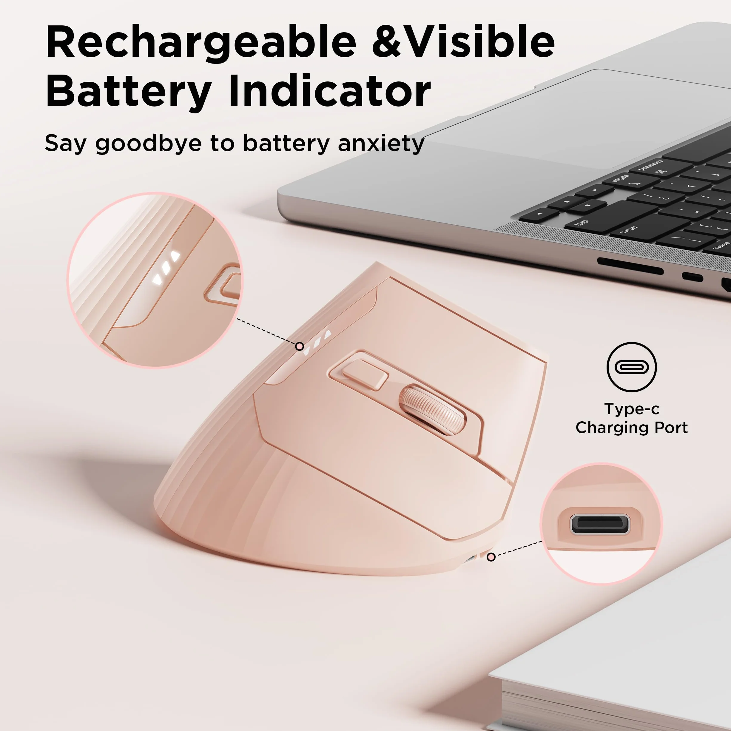 Uineer Pionowa ergonomiczna mysz, bezprzewodowa mysz Bluetooth, 3 urządzenia, cicha | Przełączanie między 3 urządzeniami; boczne kółko przewijania obsługuje poziomą nawigację dokumentów i arkuszy kalkulacyjnych.