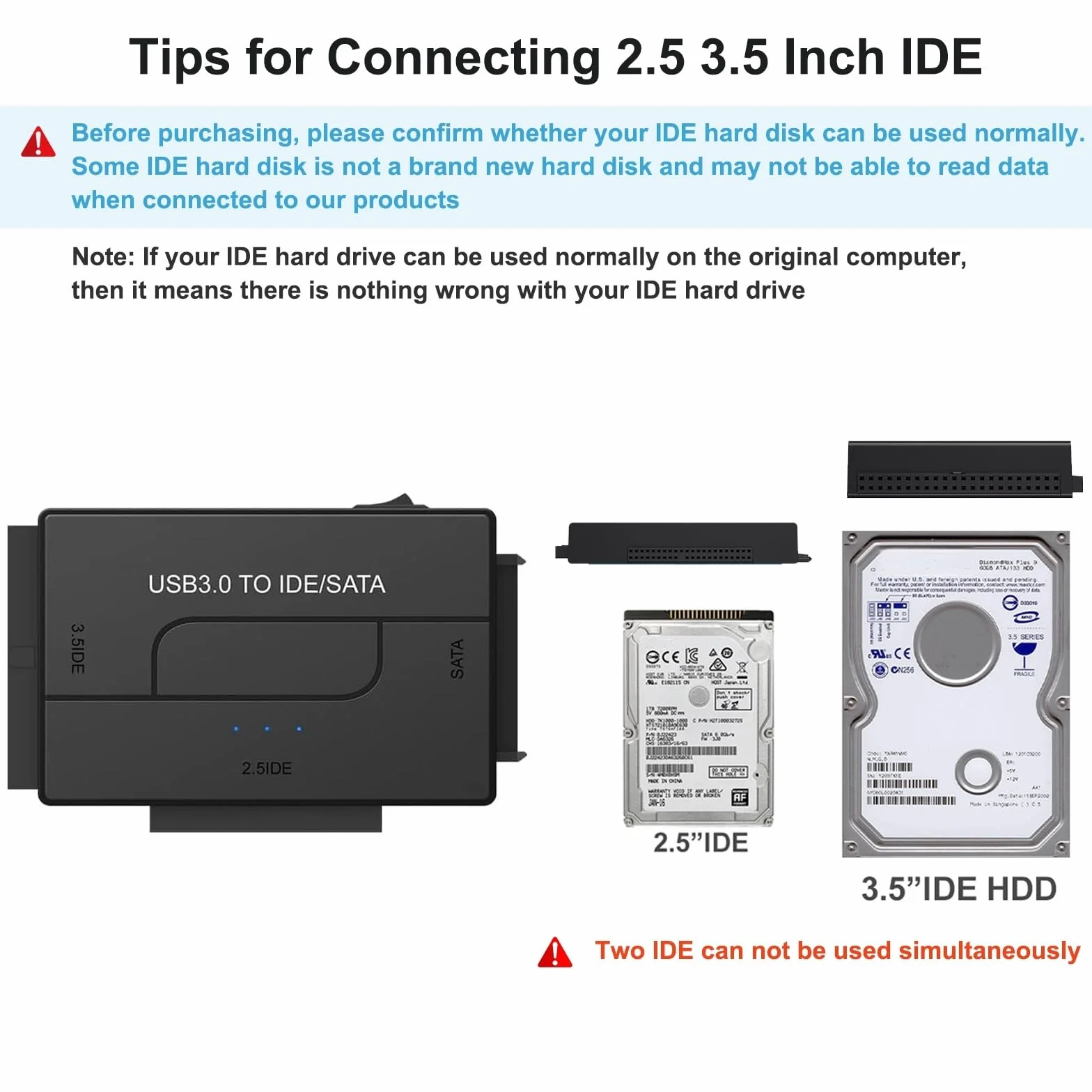 Czytnik dysków twardych USB 3.0 na SATA IDE, zewnętrzny dysk twardy Ultra Recovery Converter Uniwersalny zestaw adapterów do dysku twardego 2,5/3,5 HDD/SSD, zawiera zasilacz 12 V/2 A
