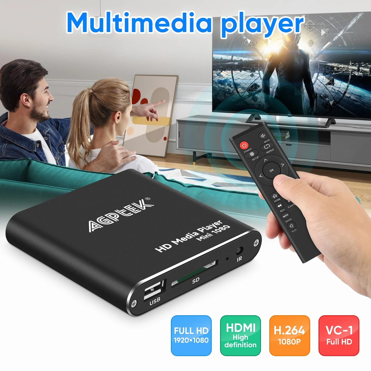 Odtwarzacz multimedialny HDMI, Mini 1080p Full-HD Ultra HDMI Cyfrowy odtwarzacz multimedialny dla -MKV/RM- dysków twardych USB i kart SD
