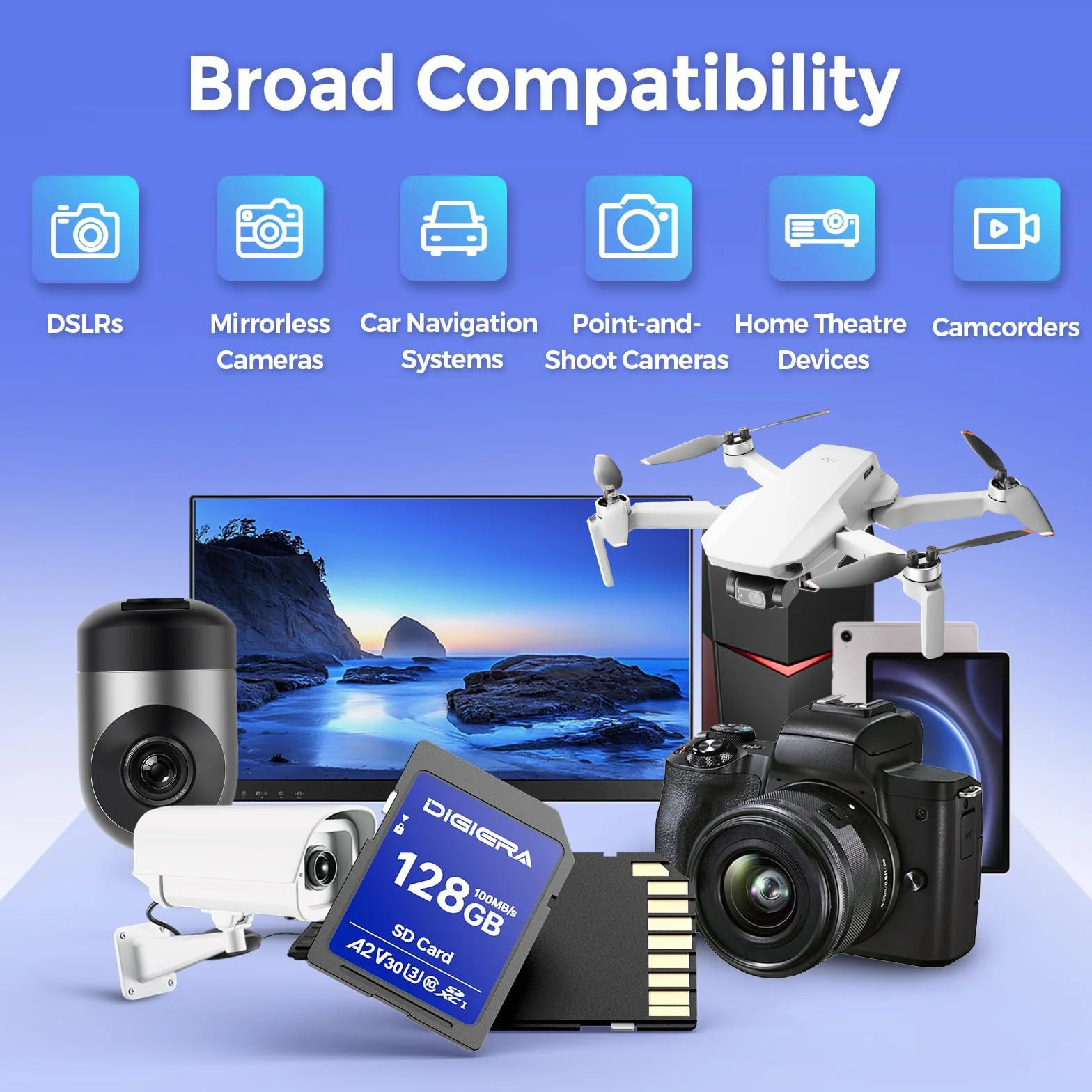DIGIERA Karta pamięci 128 GB CS100 SDXC UHS-I – do 100 MB/s, C10, U3, V30, 4K UHD, karta SD do komputerów, aparatów cyfrowych, urządzeń kina domowego, systemy nawigacji samochodowej (2 sztuki)