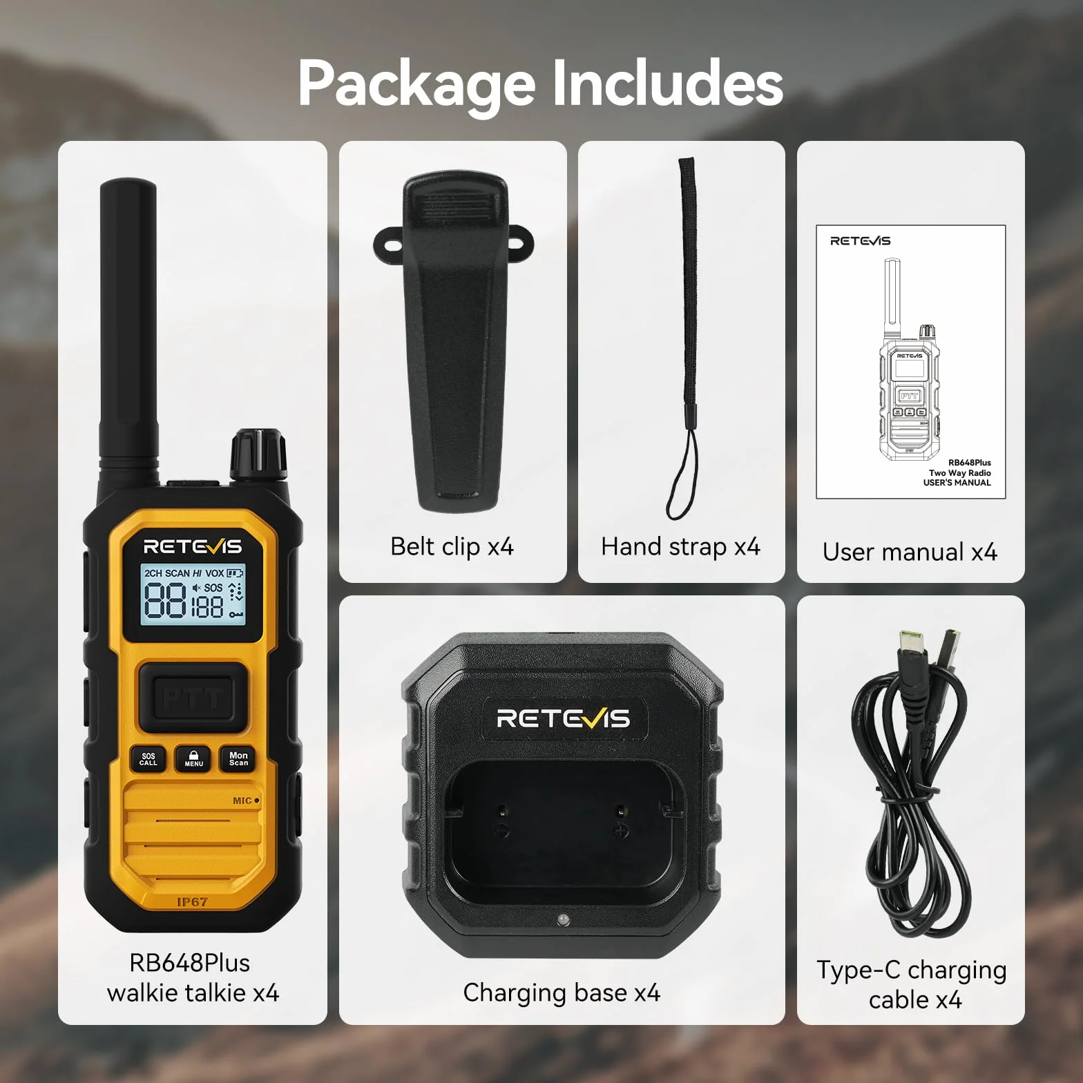 Retevis RB648 Plus Walkie Talkie Dalekiego Zasięgu, Wodoodporne Portofony IP67, 2000 mAh, Typ C, Ręczny Walkie Talkie do Trudnych Warunków (4 Szt. Żółty)