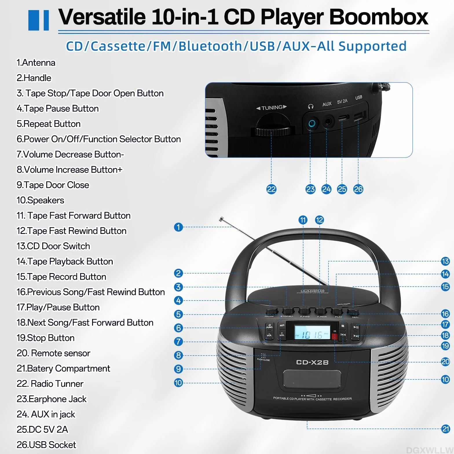 Zestaw odtwarzaczy CD i kasetowych, odtwarzacz CD Boombox z radiem FM/Bluetooth/AUX/USB/nagrywanie taśmy, pilot zdalnego sterowania, gniazdo słuchawkowe, wyświetlacz LCD, podwójny dźwięk