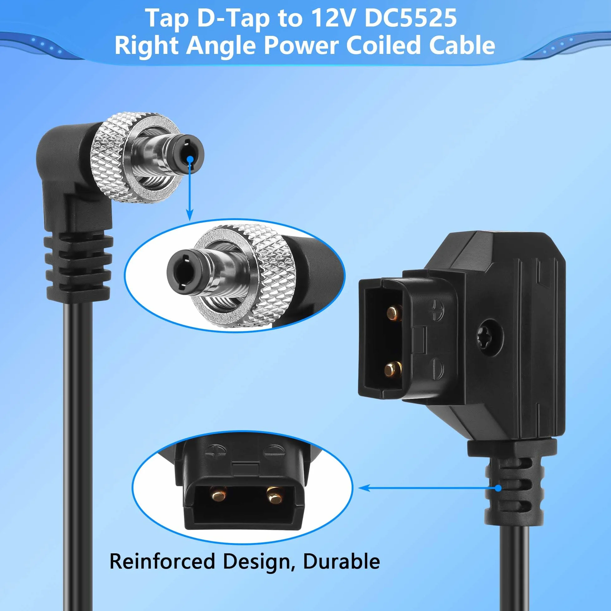 CERRXIAN D-Tap na blokowanym, prostokątnym kablu spiralnym DC 12 V, zamiennik D-tap na 12 V DC5525 kabel jack do Anton Bauer, Kipro LCD, Black Magic itd.