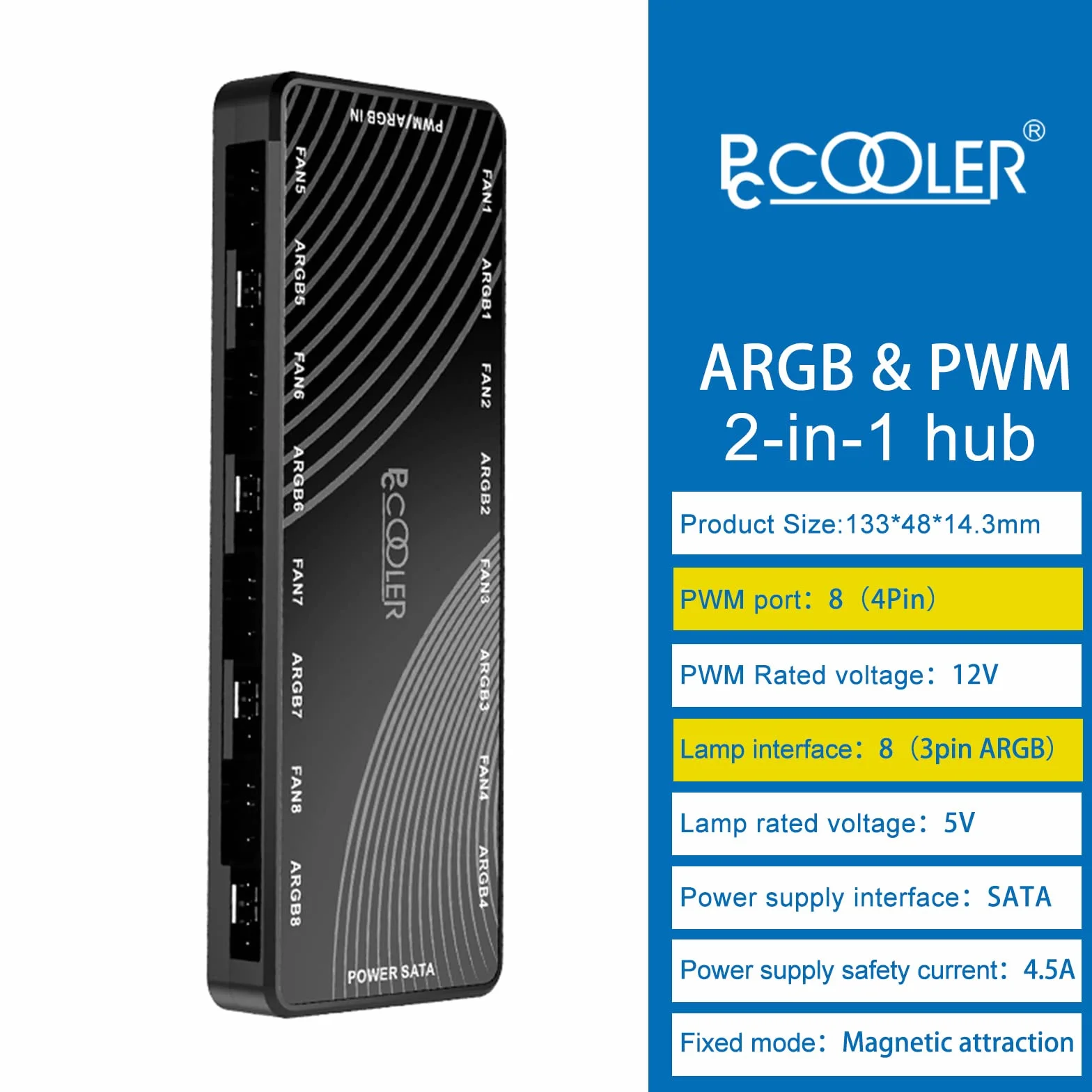 Wentylator chłodzący PC, PCCOOLER Hub adresowalny 5 V 3Pin ARGB, 12 V 4Pin PWM 2 w 1 16 portów SATA, obudowa wentylatora RGB, magnetyczna podstawa ukryta, obsługuje 8 wentylatorów procesora PC, czarny