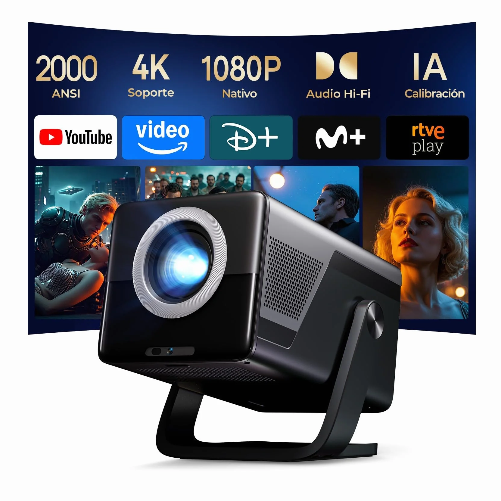 [Natywny 1080P/2000 ANSI/Asystent głosowy AI] Inteligentny projektor z systemem Android 14 OS, obsługa 4K, projektor X7 z dźwiękiem Hi-Res Audio, automatycznym fokusem AI i korekcją trapezu/Wi-Fi 6 i