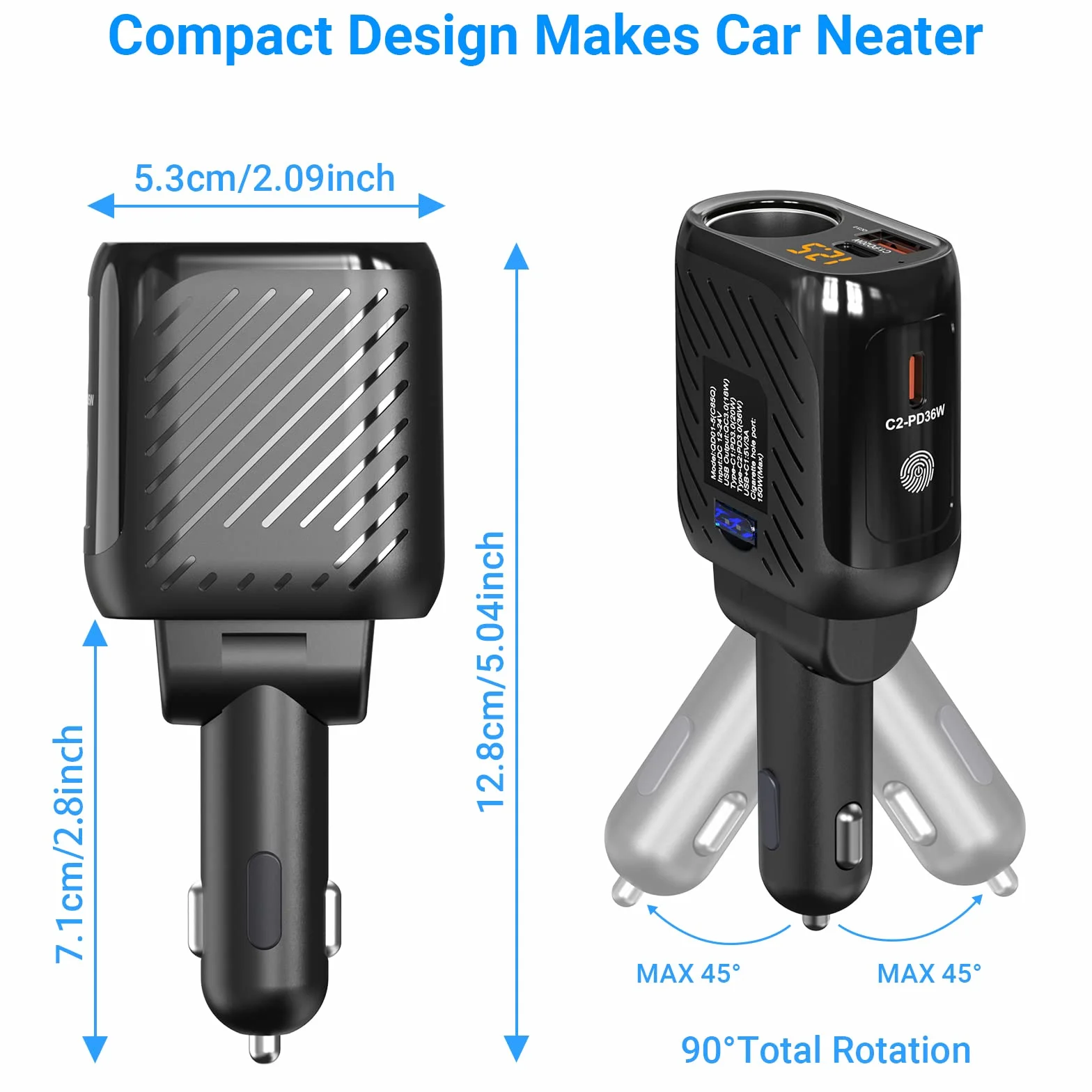 Cigarette Lighter Splitter, 2-Socket USB C Car Charger Adapter Type C Multi Power Outlet 12V/24V 150W DC with LED Voltmeter Switch Dual USB Port