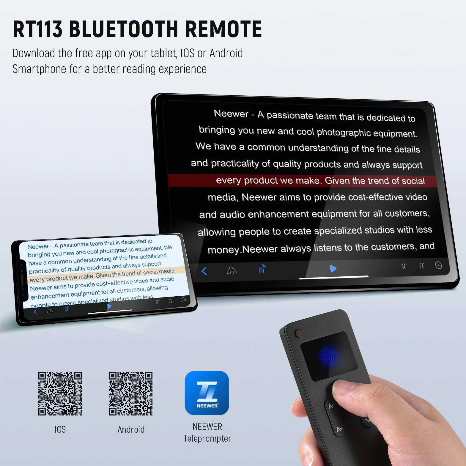 Neewer RT113 zdalna aplikacja teleprompter, ulepszona o bezpośrednie połączenie Bluetooth i cichy przycisk, kompatybilna ze smartfonami i tabletami z systemem iOS Android do X17 II/X16/X12/X14 itp