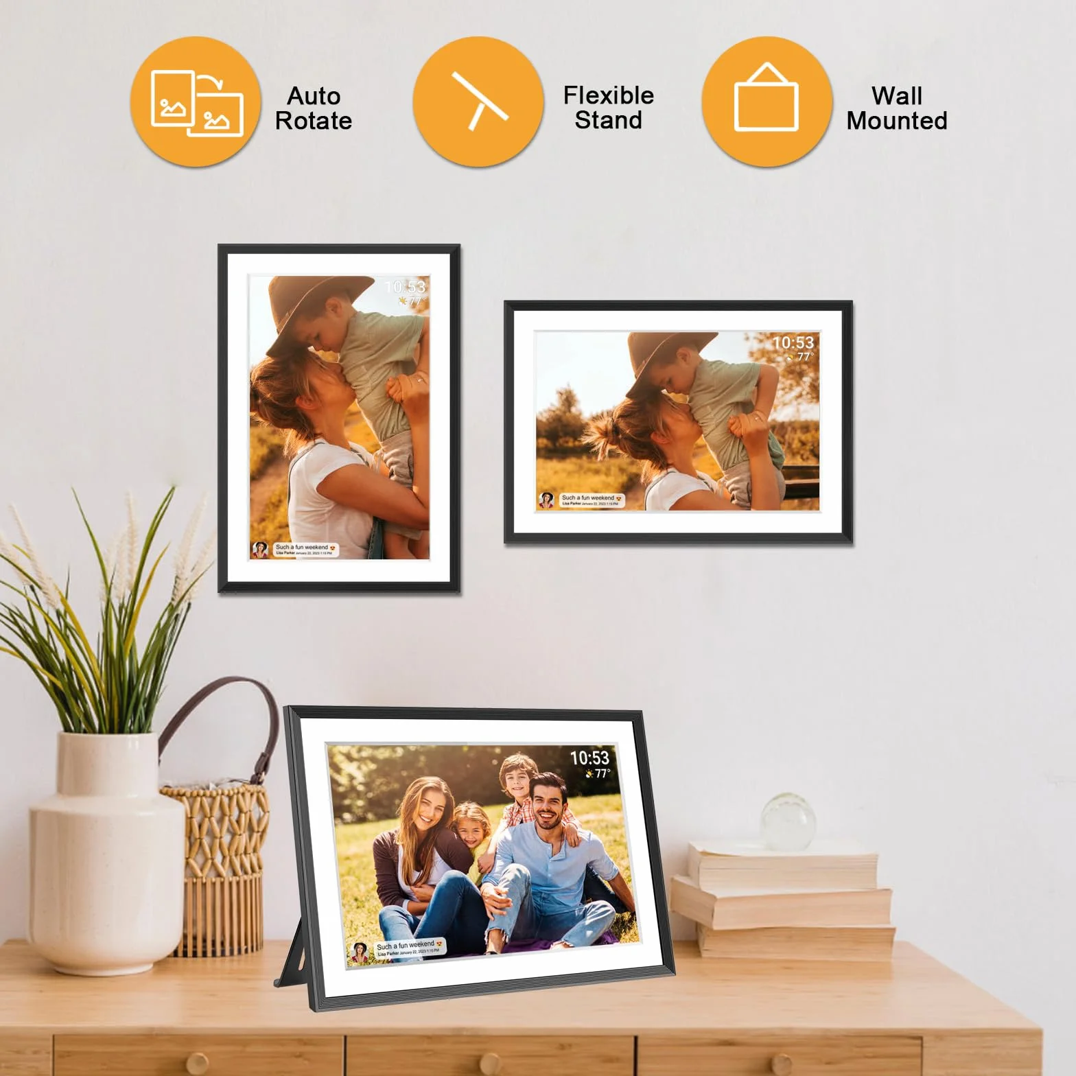 AKImart Cyfrowa ramka na zdjęcia 32 GB WLAN, ekran dotykowy IPS LCD 1280 x 800, wbudowana pamięć 32 GB, montaż na ścianie, udostępnianie chwil za pomocą aplikacji Frameo