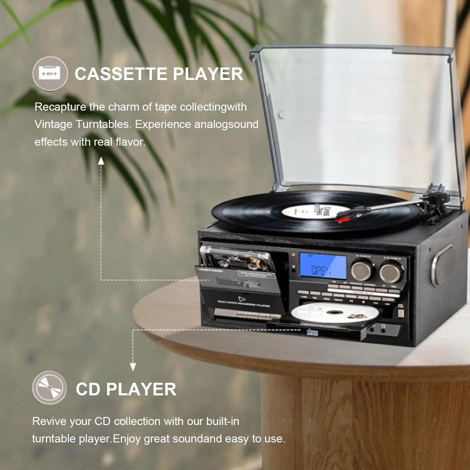 Gramofon winylowy, 9 w 1, gramofon vintage, 3-biegowa automatyczna do domowej rozrywki, odtwarzacz muzyki LP w stylu retro, system audio z wbudowanymi głośnikami