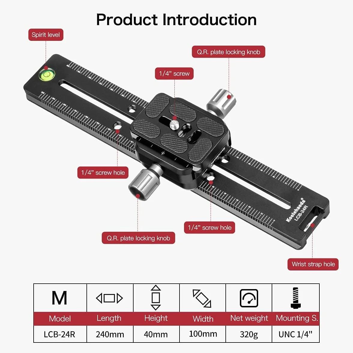 Koolehaoda 240 mm szyna węzłowa prowadnica metalowa Arca-Swiss Quick Release Plate Clamp, podwójny uchwyt kamery jaskółczy ogon uchwyt do aparatu DSLR statyw monopod głowica kulowa fotografia makro | Aluminiowa płyta szybkiego zwalniania CNC z poziomicą,
