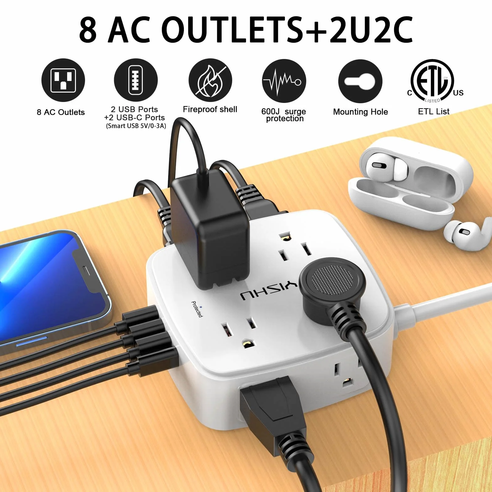 6 Ft Surge Protector Power Strip - 8 Widely Outlets with 4 USB Ports, 3 Side Outlet Extender with 6 Feet Extension Cord, Flat Plug, Wall Mount, Desk USB Charging Station, ETL ,White