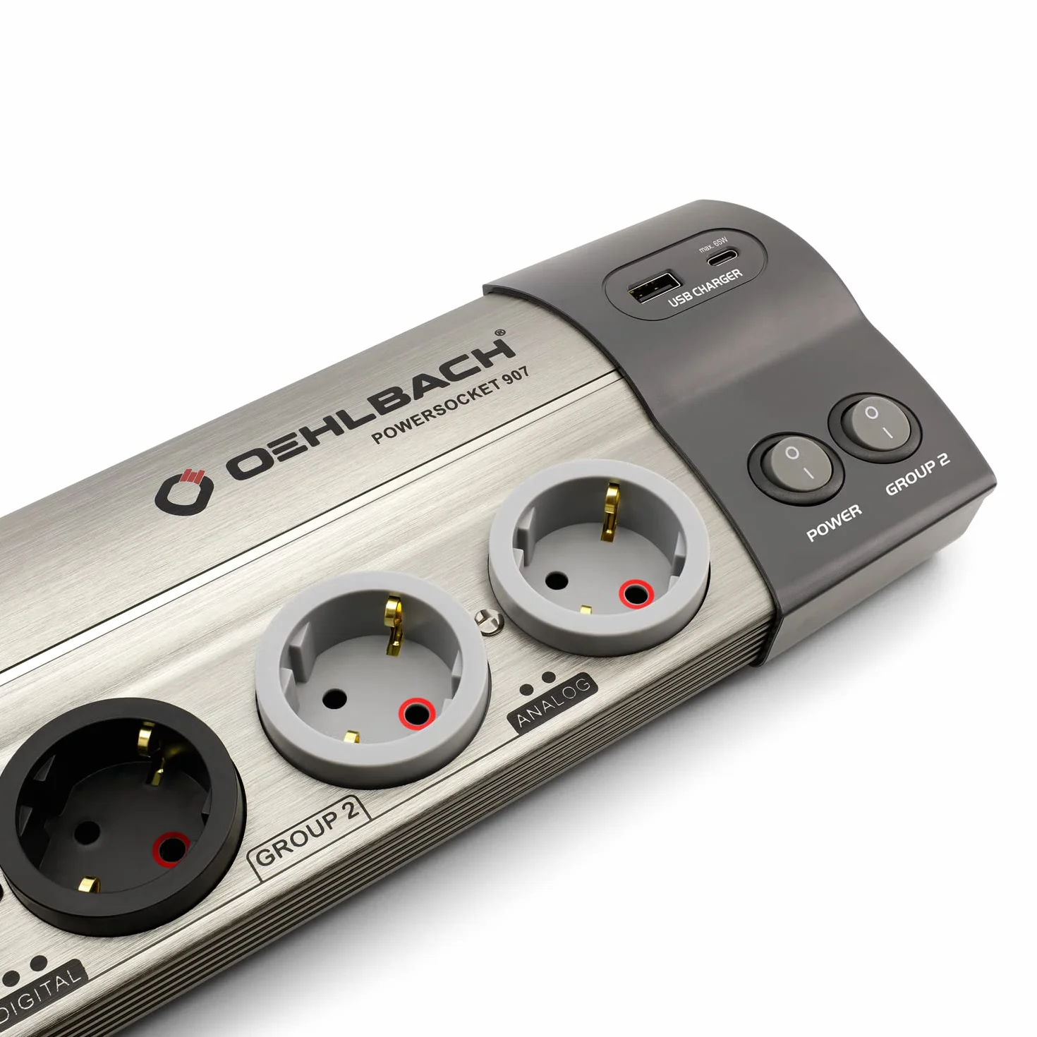 OEHLBACH Powersocket 907 MKII wysokiej jakości listwa zasilająca HiFi z filtrowaniem i ochroną przed przepięciem (2 gniazda USB – ładowarka USB-C 65 W Power i gniazdo USB-A) – szczotkowane aluminium