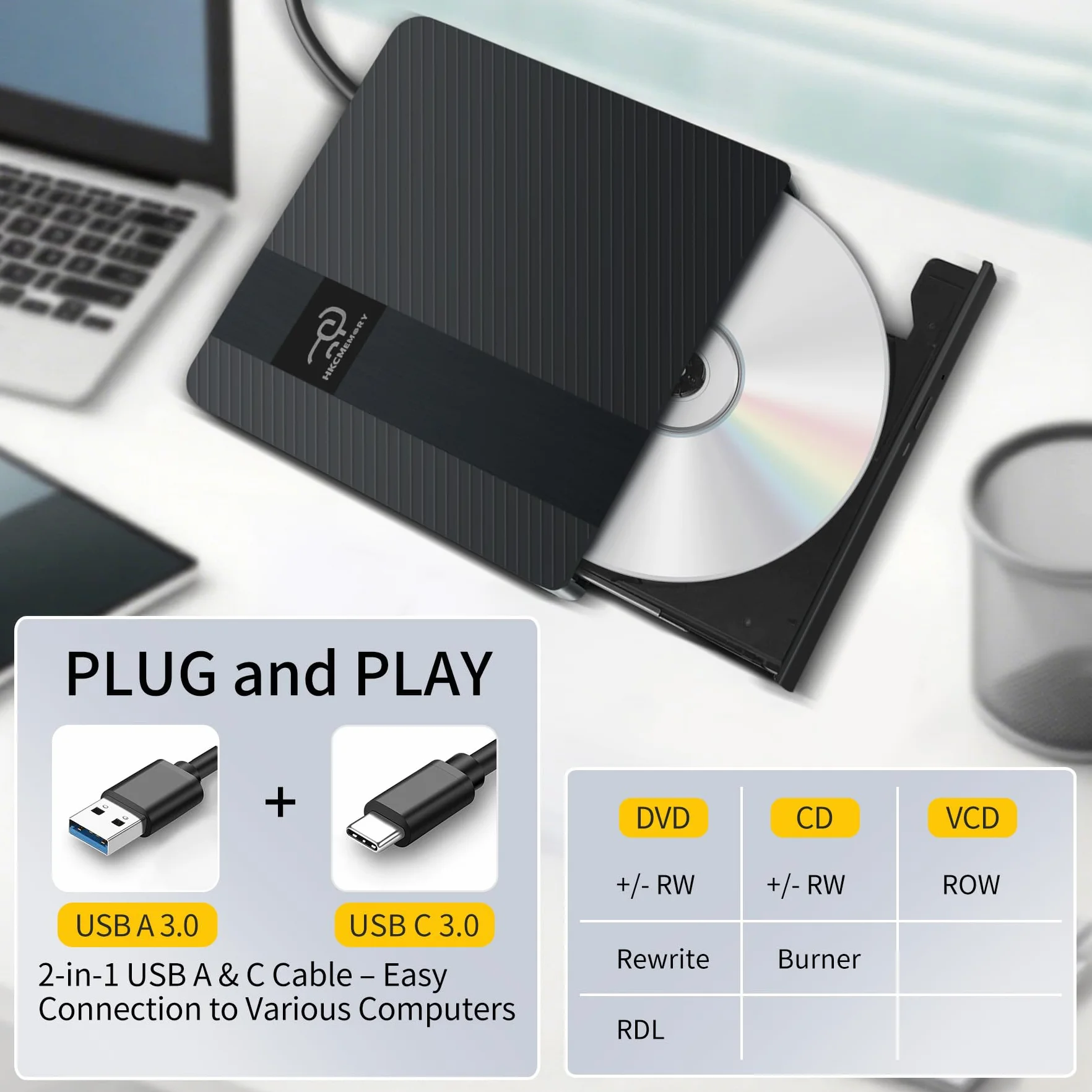 Zewnętrzny napęd CD/DVD USB 3.0 i typ C, smukły i przenośny czytnik nagrywarek DVD +/-RW CD ROM, kompatybilny z laptopem stacjonarnym PC Mac MacBook Pro/Air, Windows 11/10/8/7/XP, Linux (2 w 1)