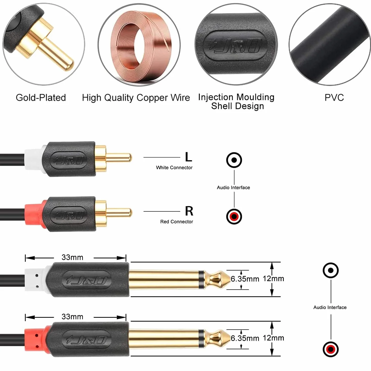 J&D Kabel cinch na 6,3 mm jack 0,9 m, pozłacany 2 x męski cinch na 2 x duży jack mono kabel audio do odbiornika AV, wzmacniacza, systemu audio HiFi, systemu kina domowego, głośników