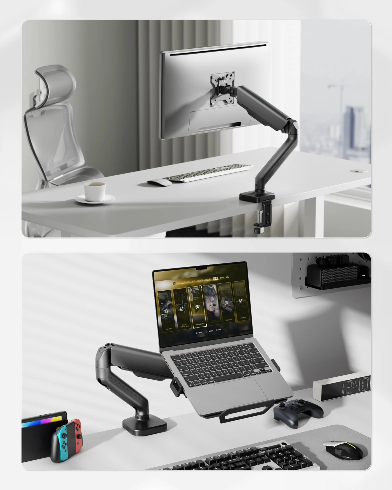 monTEK Uchwyt do Monitora i Laptopa 2 w 1, Regulowane Ramię do Monitora 17–32" i Laptopa 12–18", VESA 75x75/100x100, Mocowanie Zaciskowe lub Przelotowe, Czarny
