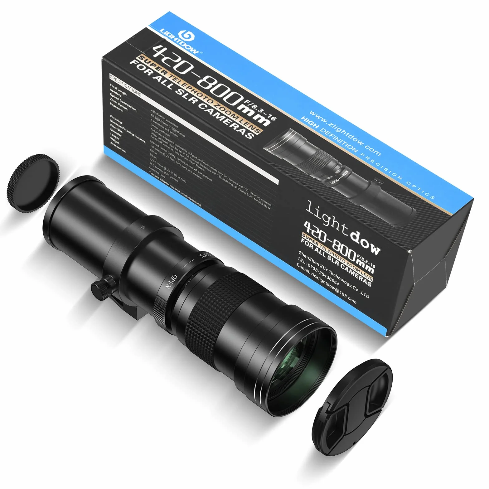 Lightdow 420–800 mm f/8.3 Ręczny teleobiektyw zmiennoogniskowy z mocowaniem T do Canon EF/EF-S (Rebel T8i/T7/T6/T5/T4i/T3i, 250D, 6D, 5D itp.)