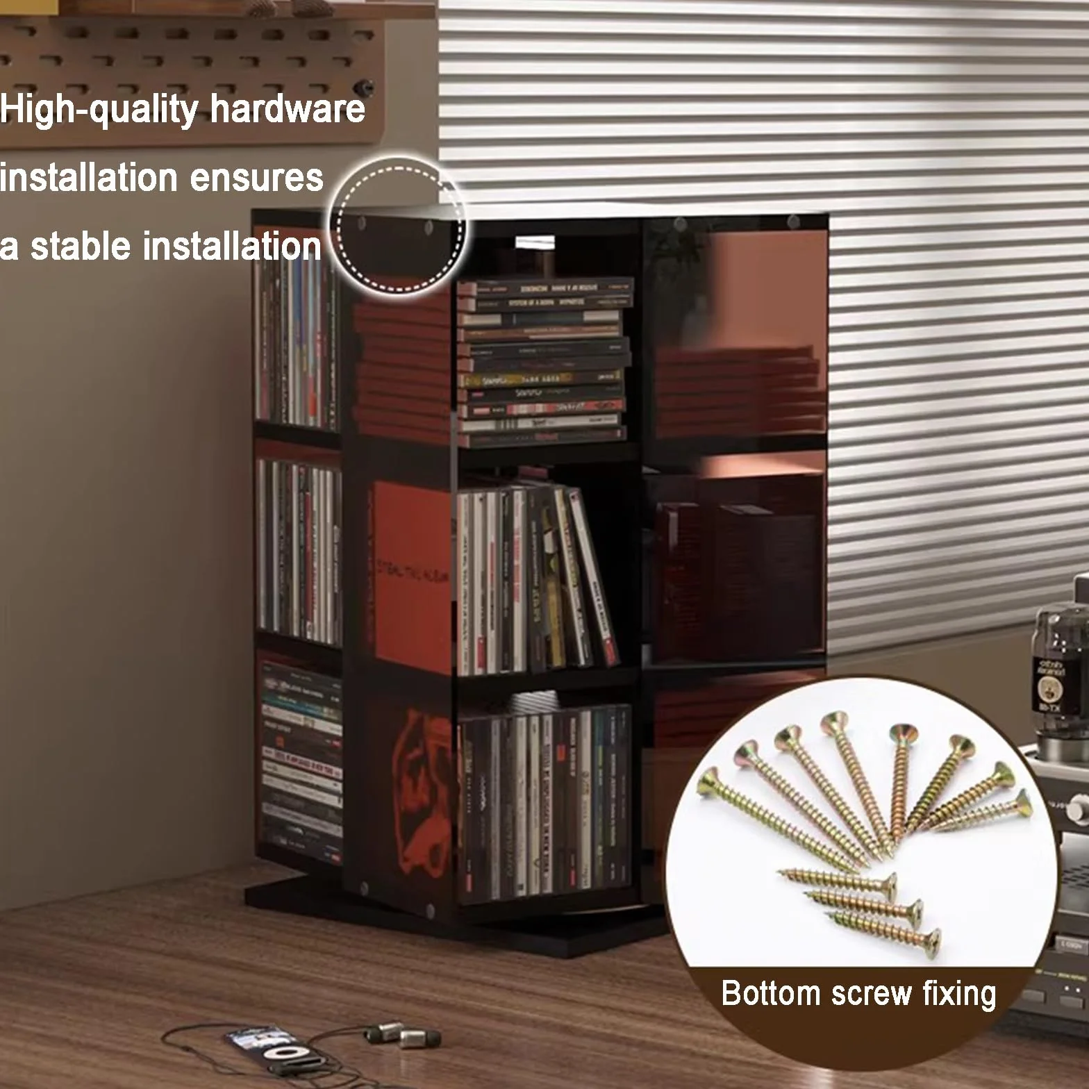 Stojak do przechowywania płyt CD, 3-poziomowa wieża multimedialna, pomieści 120 dysków, obrotowa podstawa o 360°, na DVD, książki, czasopisma