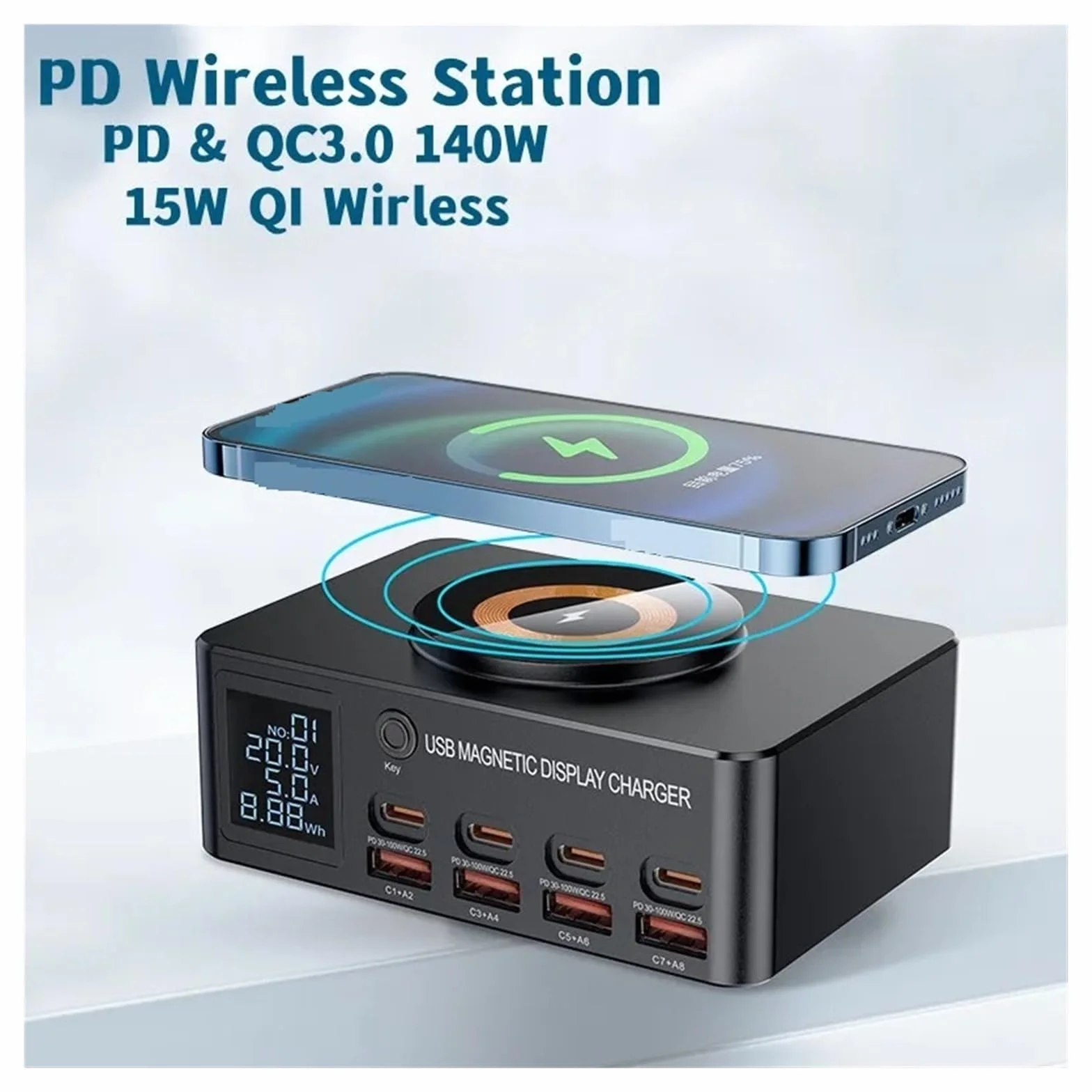 8-portowa Stacja Ładująca USB 140 W Typu C PD QC3.0 Wieloportowa Szybka Ładowarka Z Wyświetlaczem Bezprzewodowa 15 MożLiwość Szybkiego łAdowania
