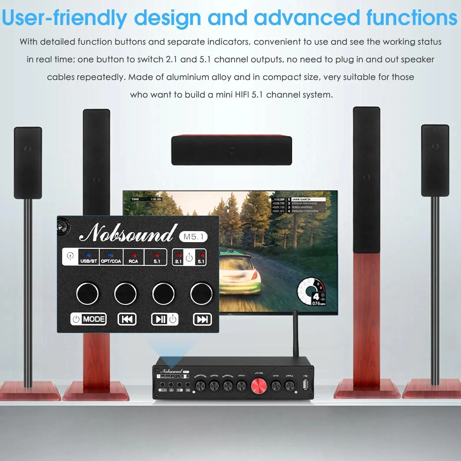 Nobsound HiFi 5.1-kanałowy wzmacniacz Bluetooth stereo kino domowe Power Amp Subwoofer wzmacniacz audio Amplifier