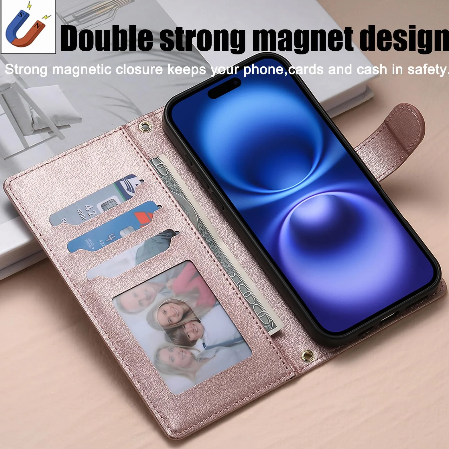 BAILI Etui do OnePlus 13R 5G z uchwytem na kartę kredytową, pokrowiec ochronny ze skóry PU dla kobiet mężczyzn do OnePlus 13R 5G-różowy