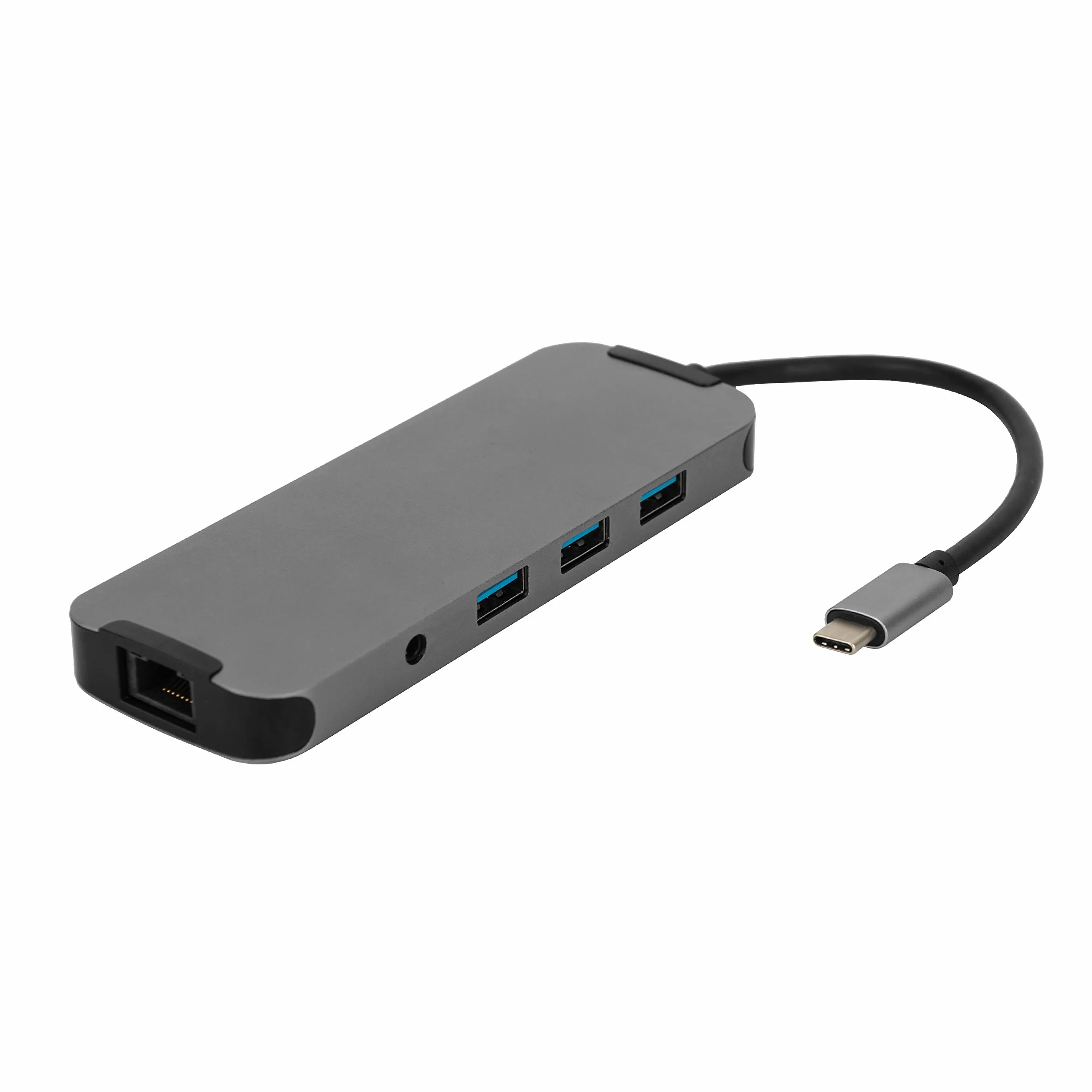 DCU Technologic | Adapter HUB USB C na HDMI, Audio Jack 3.5mm, 3*USB 3.0 Super Speed 5Gbps, RJ45 Gigabit Ethernet, Czytnik SD i TF, USB-C Kobieta Zasilanie | 100W