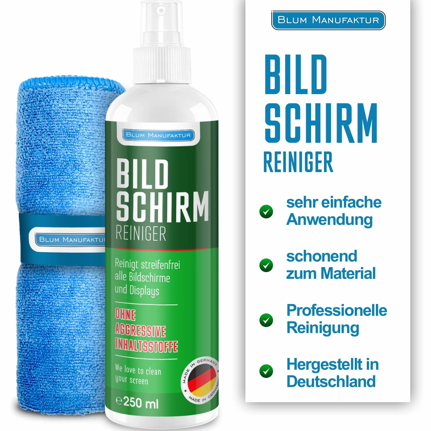 Blum Manufaktur Screen Cleaner 250 ml - środek do czyszczenia ekranów - środek do czyszczenia komputerów - w zestawie ściereczka z mikrofibry 30 x 30 cm - środek do czyszczenia monitorów - Made in Germany