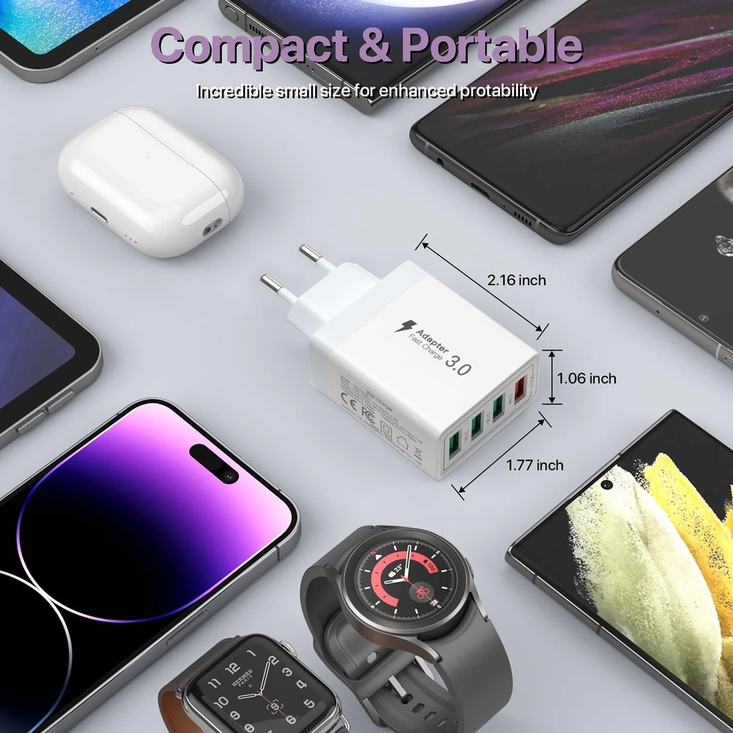 Ładowarka USB 4-portowa 33 W Smart QC 3.0, kompatybilna z iPhone 11/12/13/14/15/16/SE/XS/XR/iPad/Samsung Galaxy S21/S22/S23/S24
