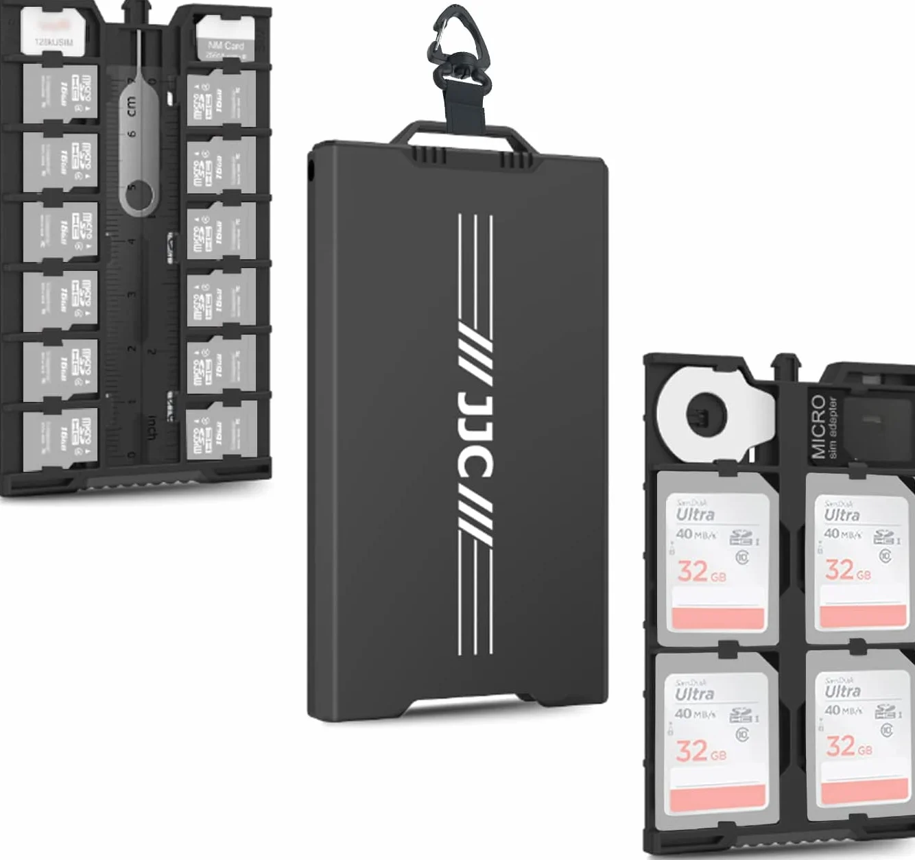 JJC Wyskakujące metalowe etui na karty pamięci Ultra Silm do 12 Micro SD TF MSD + 4 SD + 2 karty Nano SIM - z karabińczykiem narzędzie do usuwania karty micro SIM i mini linijka - czarne