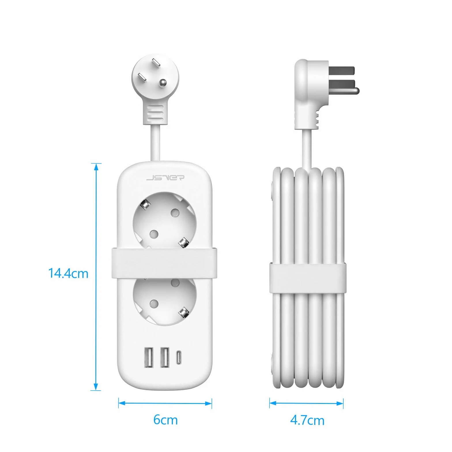 JSVER Travel Plug Adapter USA, Wiele Gniazd z 1 USB C i 2 USB A, 5 w 1 z Chowanym Przedłużaczem, Typ B dla Kanady, Ameryki, Meksyku, Tajlandii, Dominikany-1,5 m (Biały)