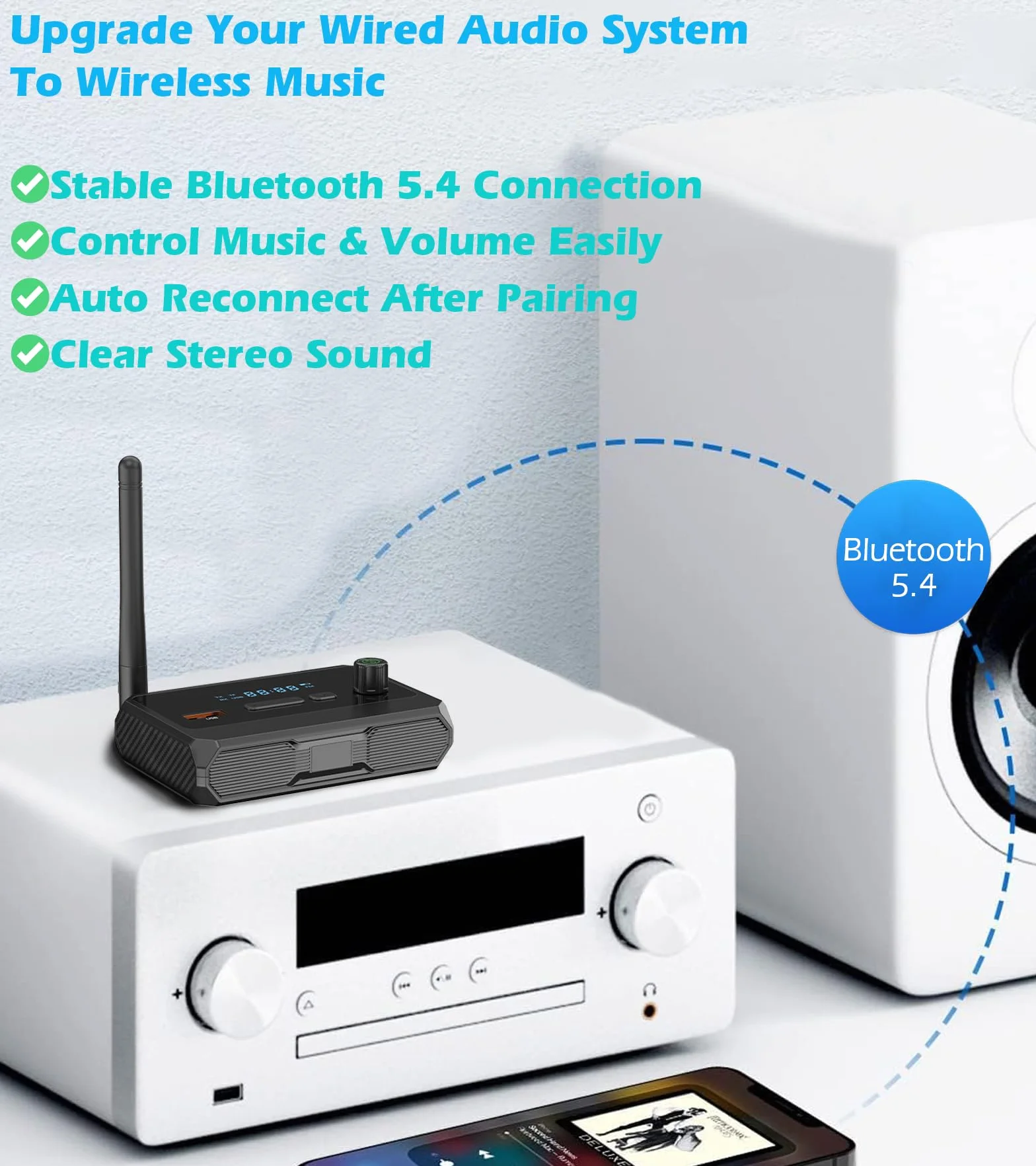 KAIY Odbiornik Bluetooth 5.3 do domowego stereo, niskie opóźnienia i muzyka HD, adapter Bluetooth na RCA, do stereo, głośników, przewodowych głośników, domowego systemu strumieniowego przesyłania