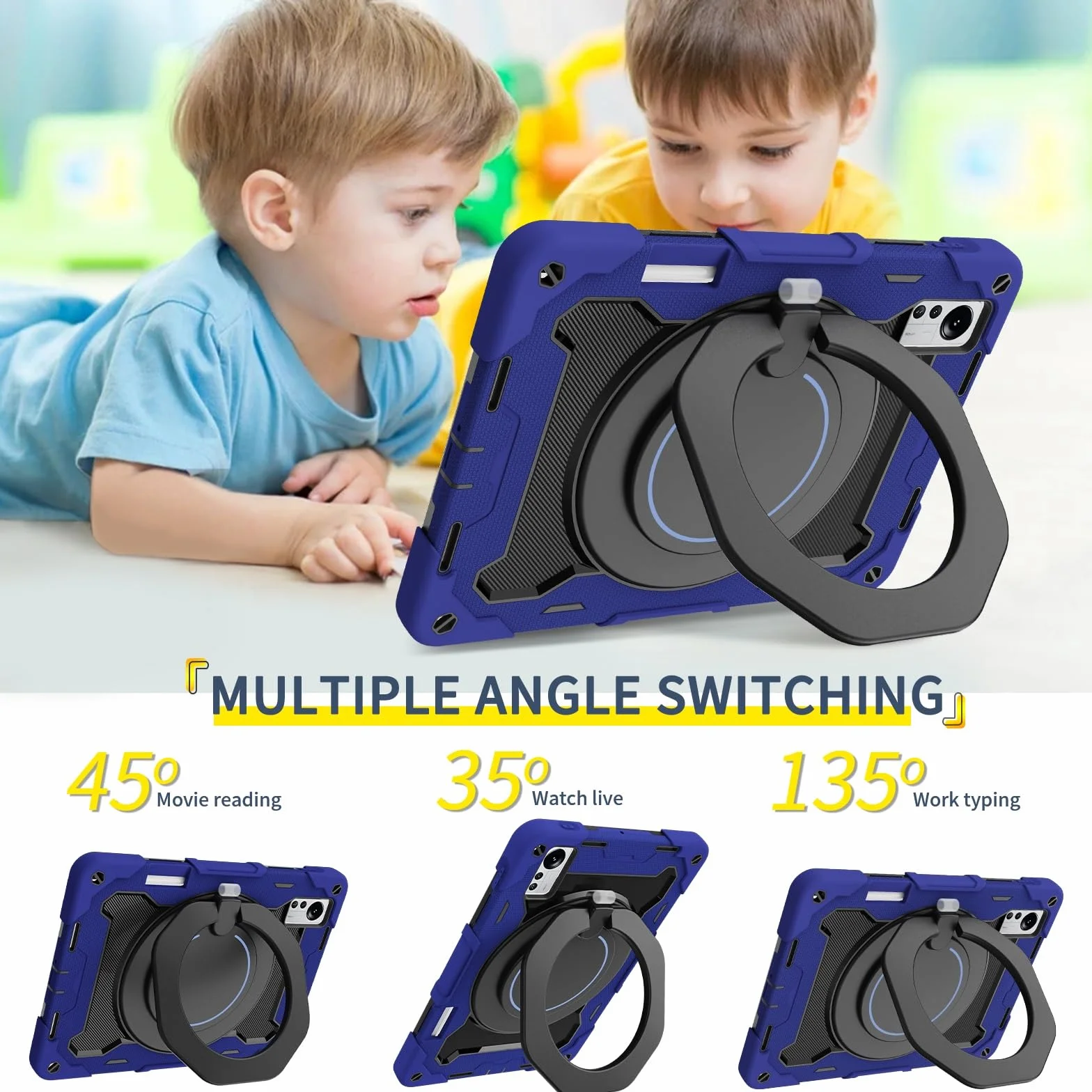 Wytrzymałe etui ochronne do Xiaomi Mi Pad 5 Pro 12,4 cala, obrotowy uchwyt o 360°, pasek na ramię, ołówek i pierścień z uchwytem, etui odporne na wstrząsy dla dzieci i dorosłych (Ciemnoniebieski