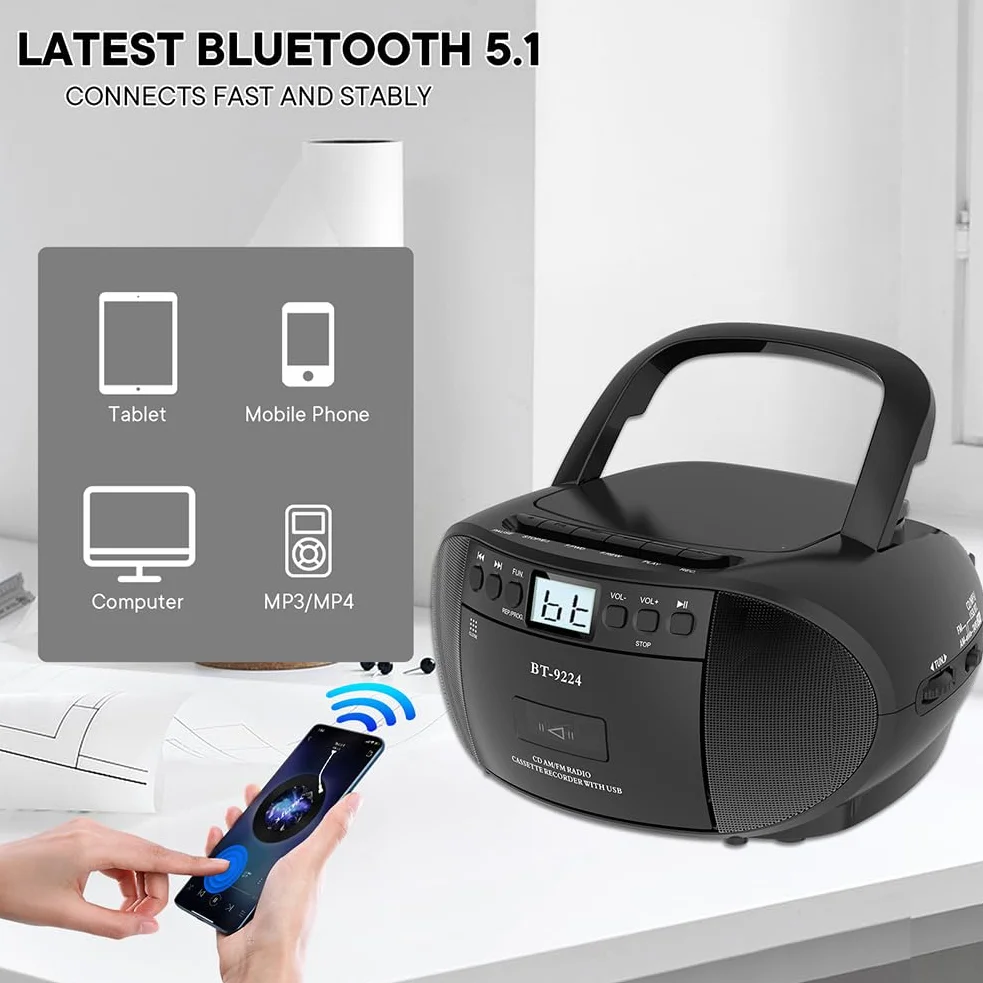 Przenośny radiowy odtwarzacz CD, głośnik Bluetooth z odtwarzaniem USB, Boombox AM/FM, pilot zdalnego sterowania, zasilany prądem zmiennym / bateryjnym