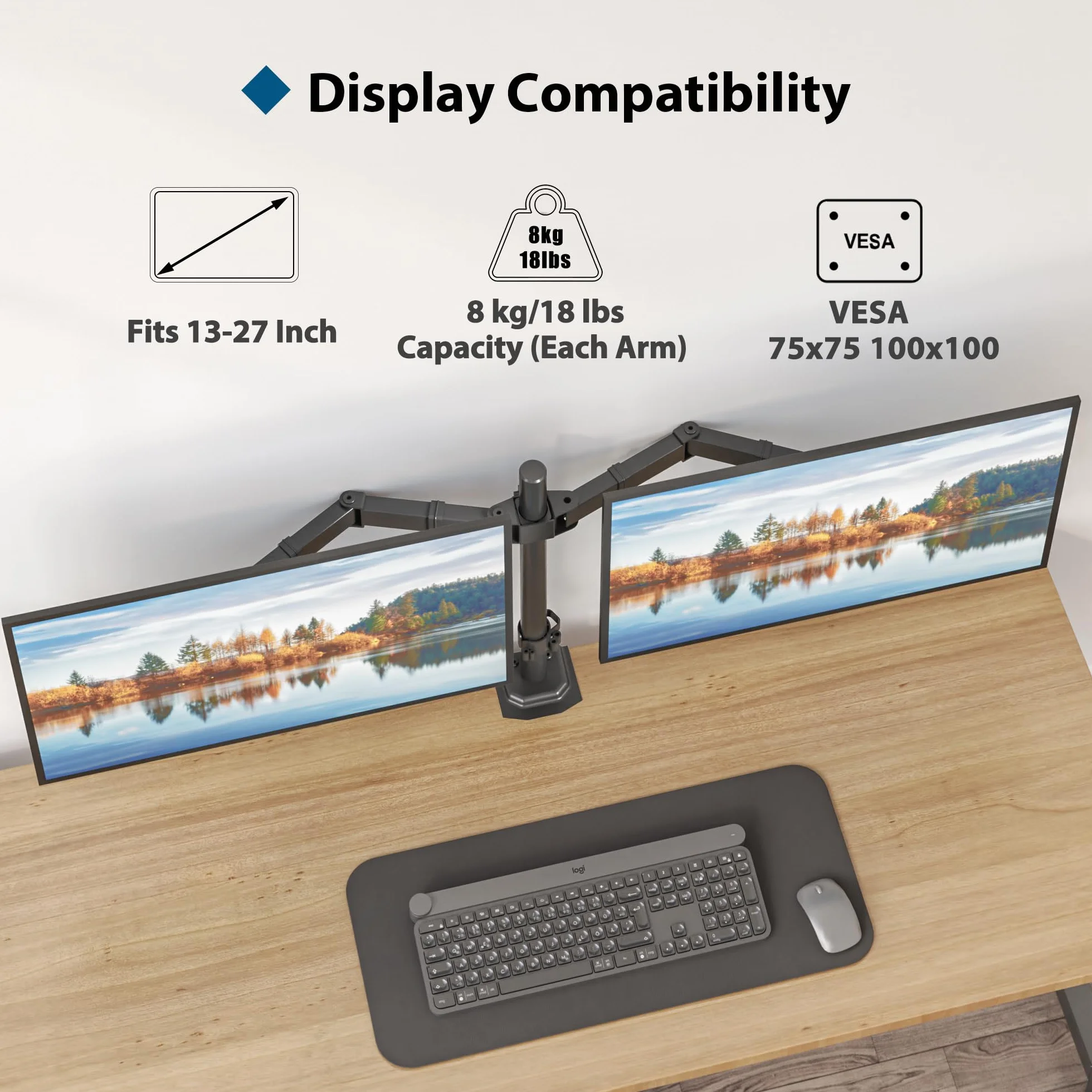 BONTEC uchwyt na 2 monitory 13-27 cali, regulacja wysokości, wychylny, obrotowy stojak na biurko, ergonomiczny uchwyt do monitora, VESA 75/100 mm, maks. 8 kg, czarny