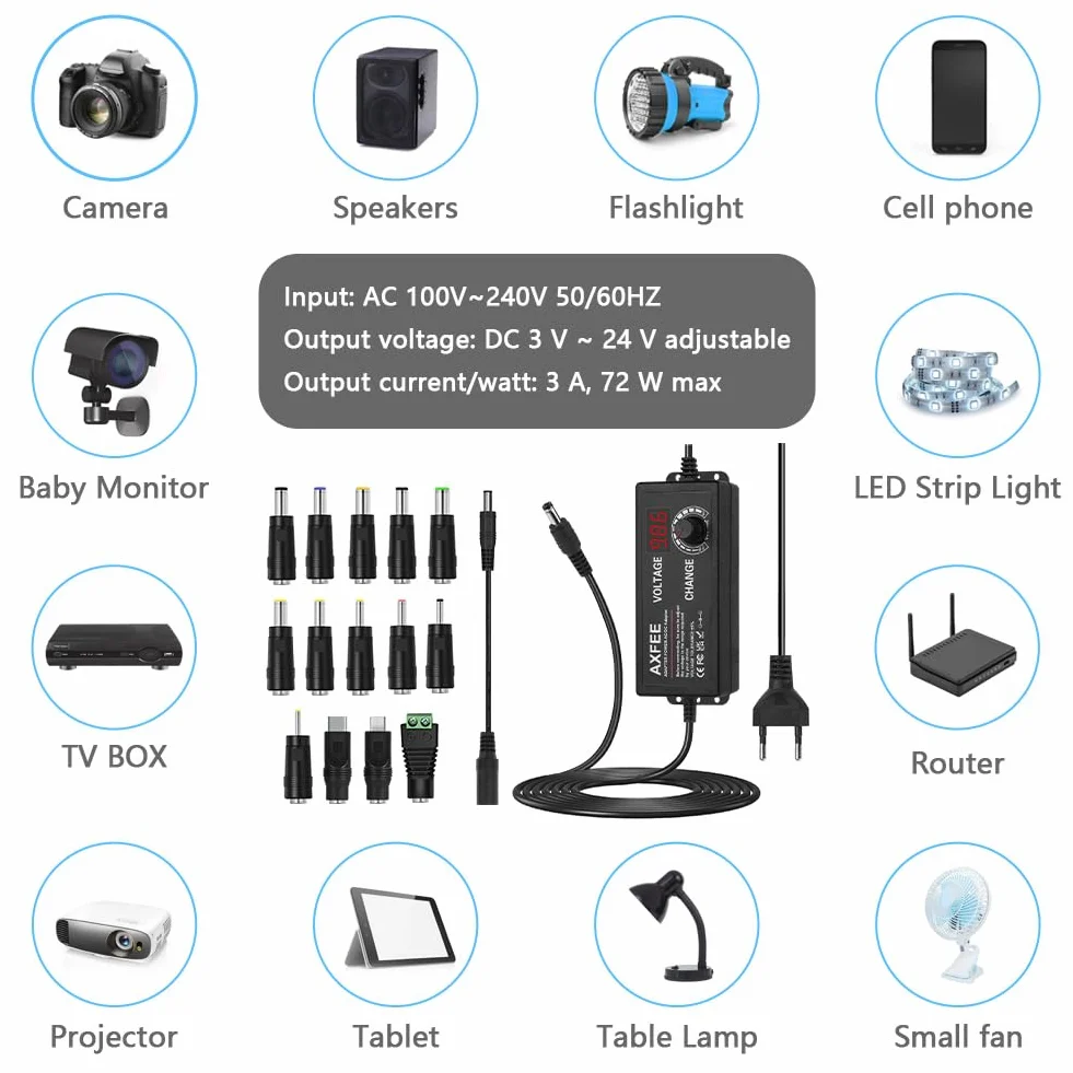 AXFEE Regulowany adapter sieciowy 3 A 72 W, zasilacz 3 V-24 V, uniwersalny 100 V-240 V AC na DC, 5,5 mm z 14 adapterami