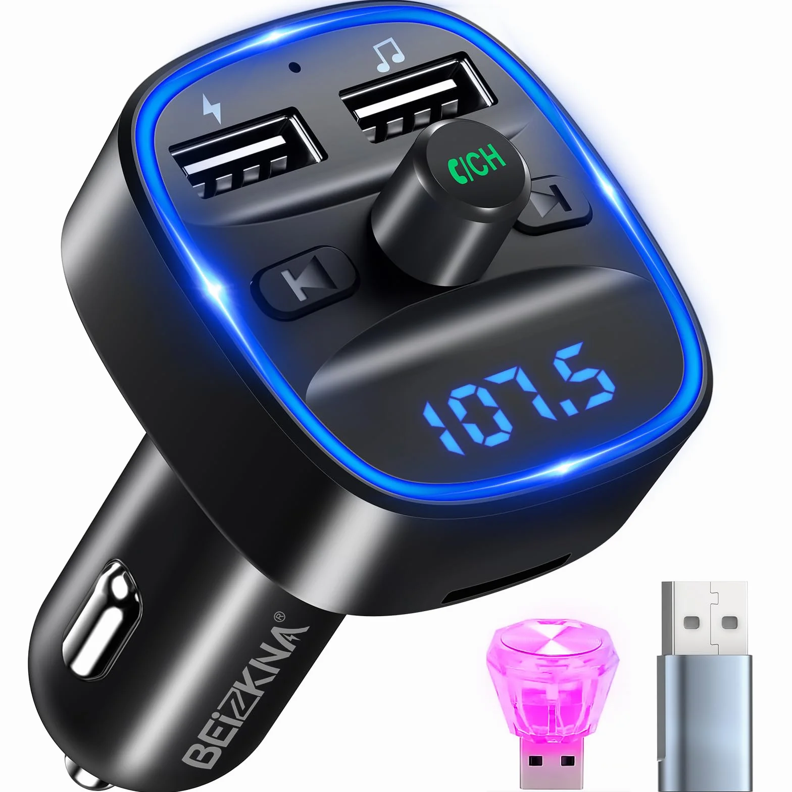 Transmiter Bluetooth 5.3 FM, samochodowy adapter Bluetooth, radio, 2 USB ładowarki LED, samochodowy ładowarka, odtwarzacz muzyczny, zapalniczka z głośnikiem