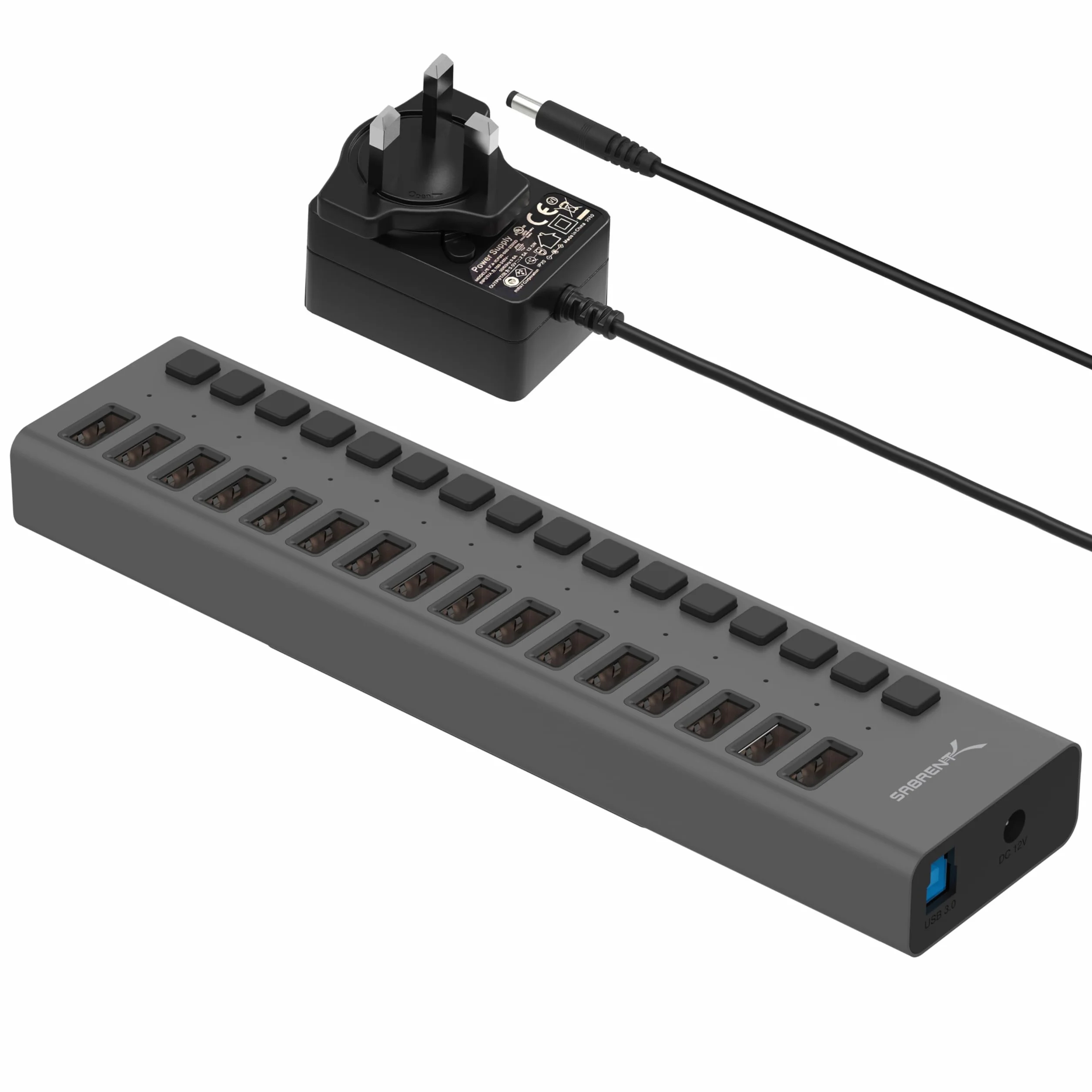 SABRENT Zasilany koncentrator USB, 16-portowa stacja dokująca USB 3.2 z indywidualnymi przełącznikami i diodami LED, koncentrator szybkiego ładowania i szybkiego ładowania 90 W, uchwyt montażowy w