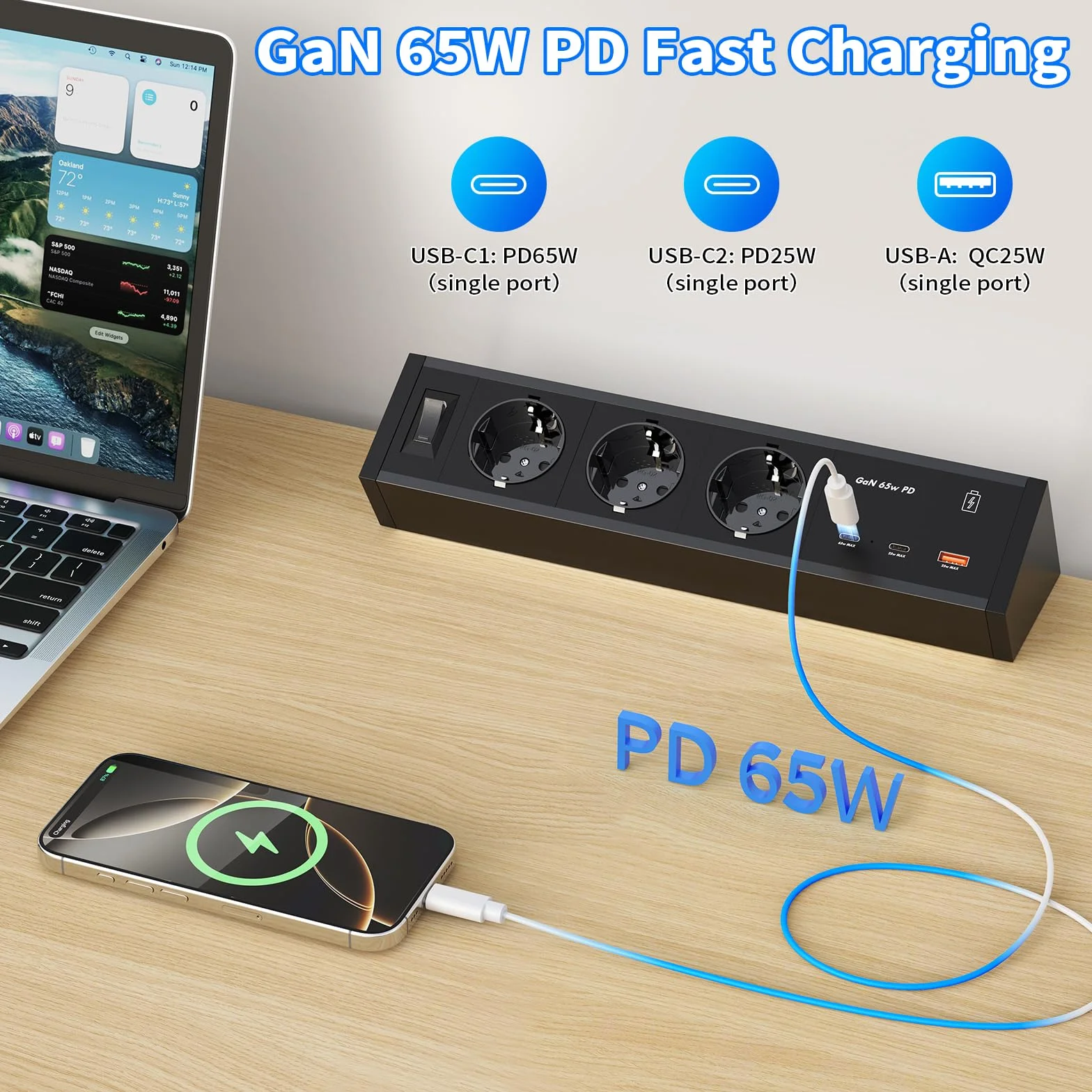 Gniazdo wtykowe stołowe z USB-C PD 65 W GaN, 3-krotna listwa zasilająca na biurko, listwa zasilająca do zaciskania z aluminiową obudową, do biura i domowego biura, 25 W USB-A, kabel 3 m, czarne
