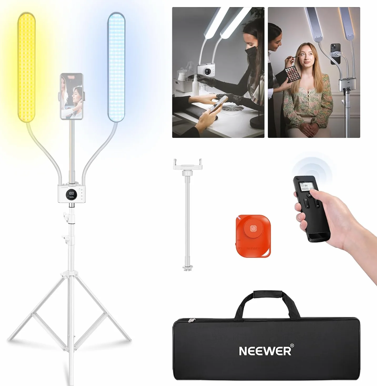 Neewer Kosmetyczka z uchwytem na telefon i zestawem torby podróżnej, lampa do aparatu LED z 2,4G/PC/Mac i oddzielnym sterowaniem 2 świecącymi pałeczkami, CRI98+, oświetlenie do tatuażu/urody