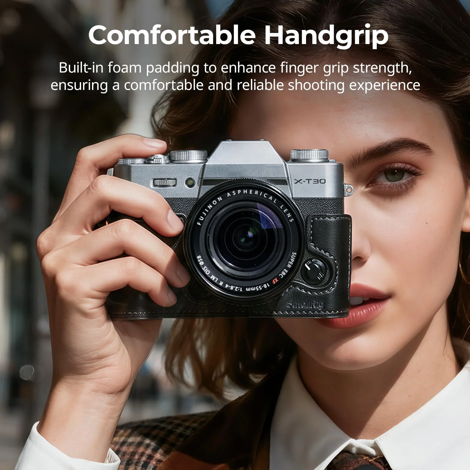 SMALLRIG X-T30 III Półskórzany pokrowiec z paskiem na ramię do FUJIFILM X-T30 I/II/X-T30 III, pokrowiec w stylu retro z aluminiową ramą i osłoną spustu migawki, czarny - 5669