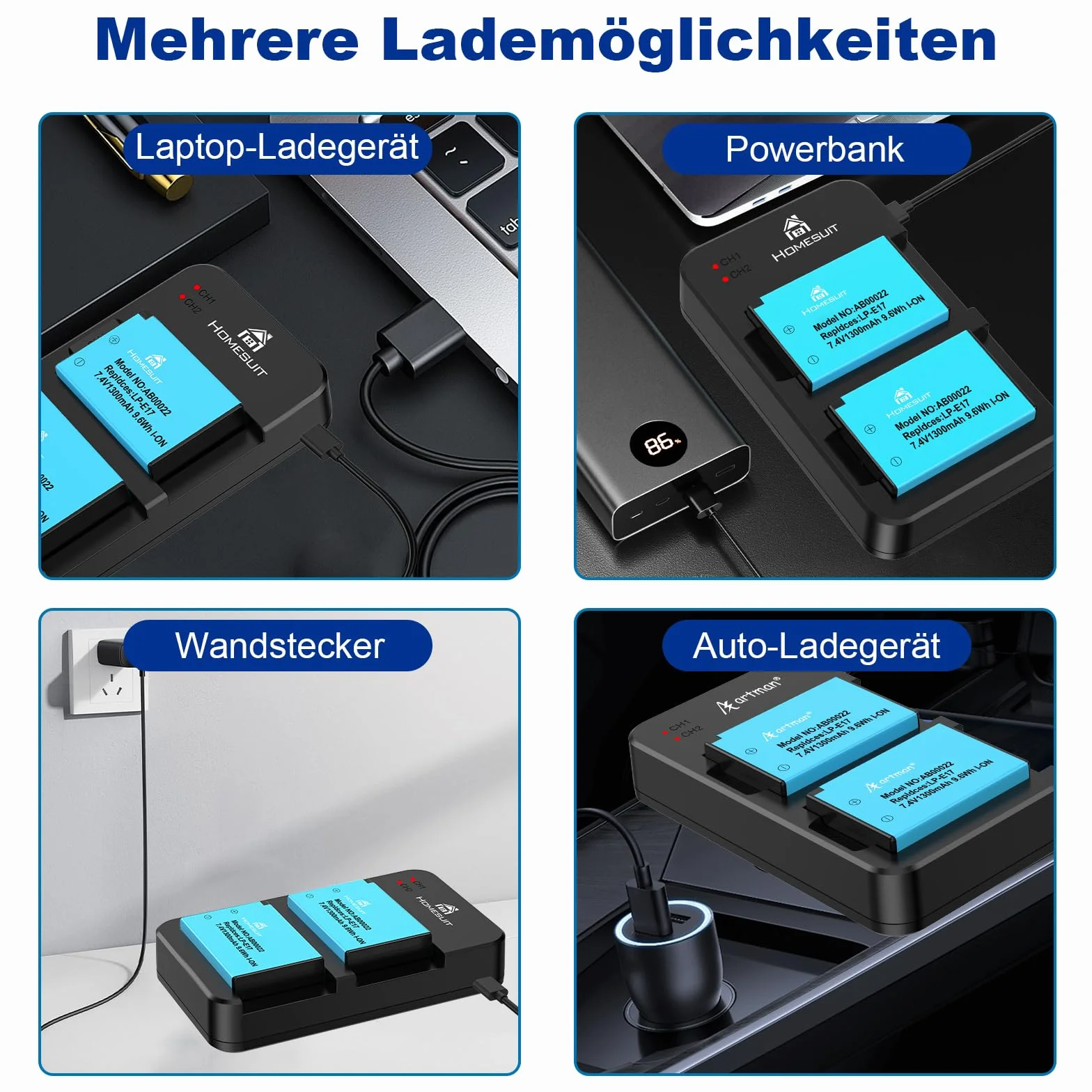 Homesuit Zestaw 2 baterii LP-E17 1300 mAh i typ C LED Dual ładowarka zestaw do Canon EOS RP, R8, R10, R50, R100, M3, M5, M6, 200D, 77D, 750D, 760D, 800D, 8000D, Rebel SL3, SL2, T8i, T7i, T660D, 800D