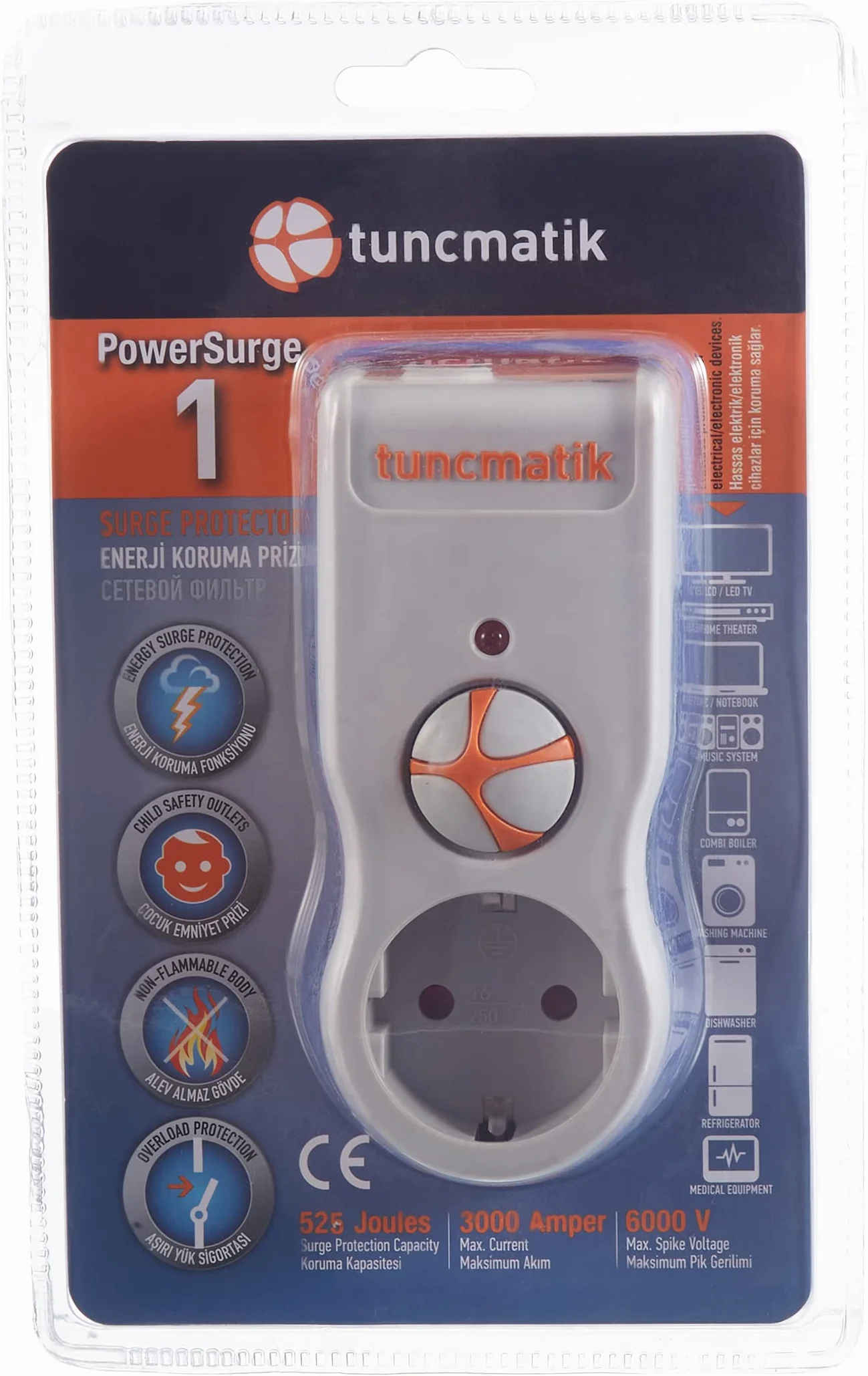 Tuncmatik Powersurge 1 ochrona przeciwprzepięciowa 1 wyjście AC czarny/biały - ochrona przeciwprzepięciowa (525 J, 1 wyjście AC, typ F, 10 A, 3000 A, czarny, biały)