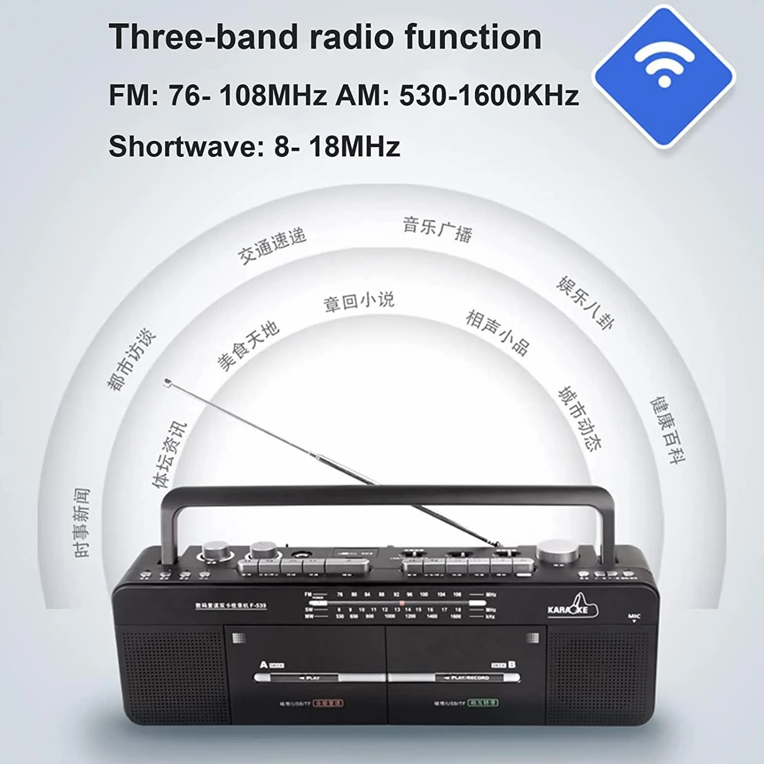 Nagrywarka kasetowa Boombox - radio AM/FM, odtwarzacz z podwójną taśmą, odtwarzanie dysków MP3/U i kart TF, nagrywanie i transkrypcja jednym kliknięciem, klasyczny design