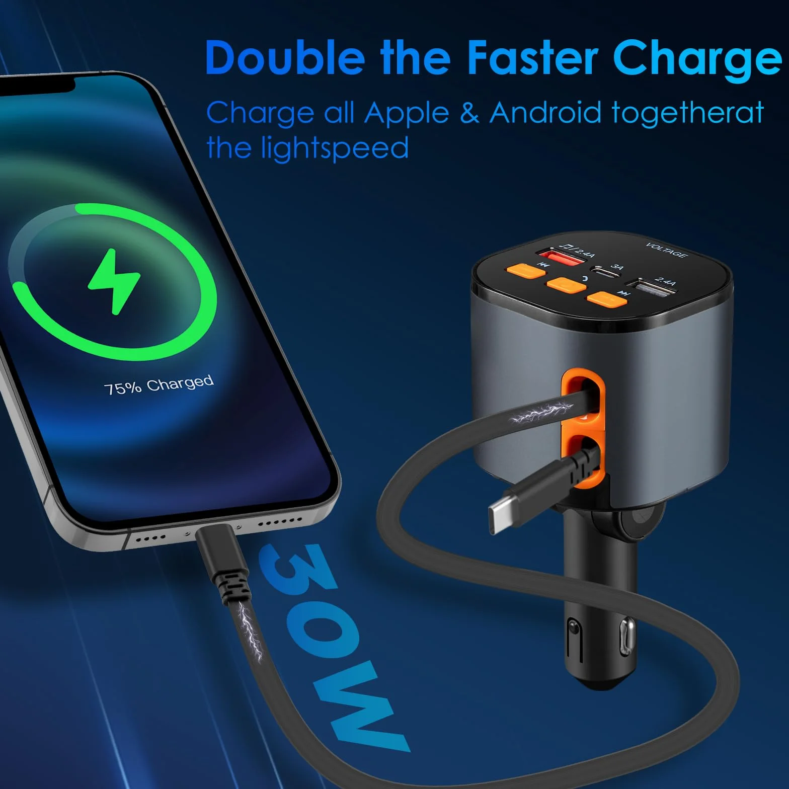Wysuwana ładowarka samochodowa, szybka ładowarka do telefonu 5 w 1, szybka ładowarka do telefonu 90 W, adapter nadajnika FM Bluetooth 5.3, połączenia bez użycia rąk, 2 chowane kable i ładowarki USB do