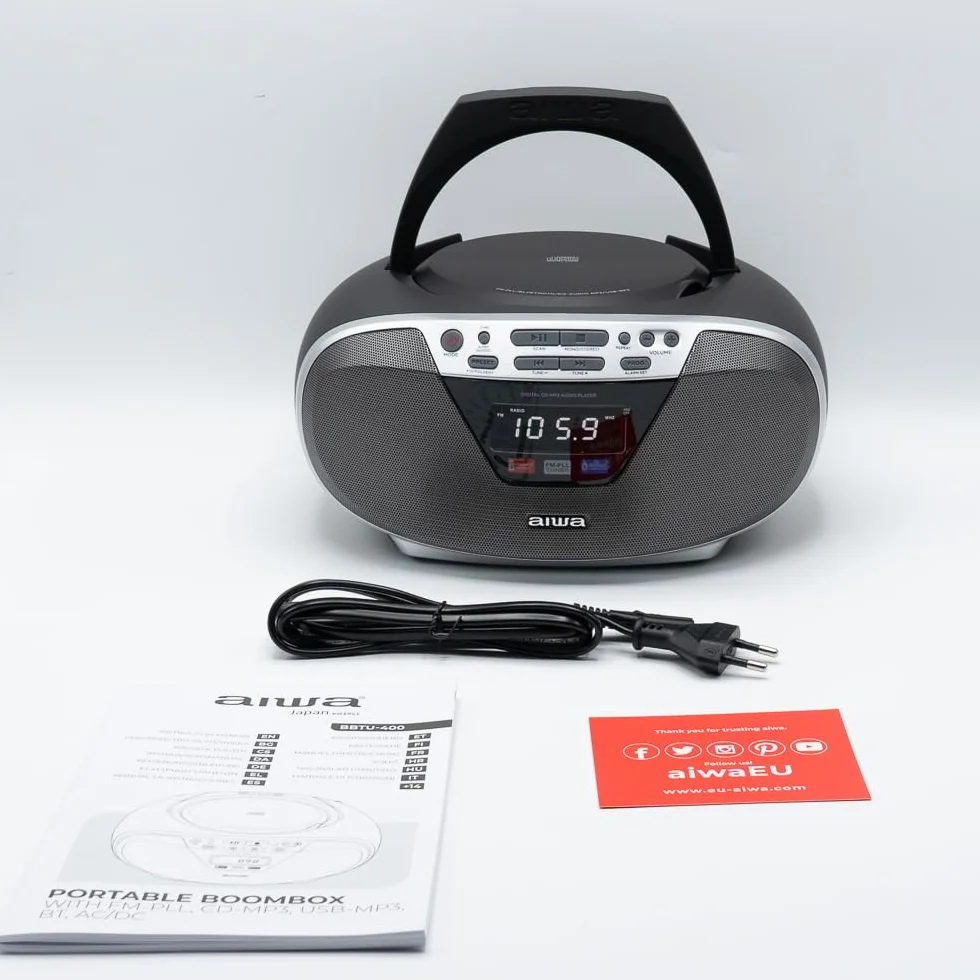 Aiwa BBTU-400SL: przenośne radio CD z Bluetooth i USB, kolorowy wyświetlacz, RDS, FM PLL, funkcja budzika, kolor: srebrny