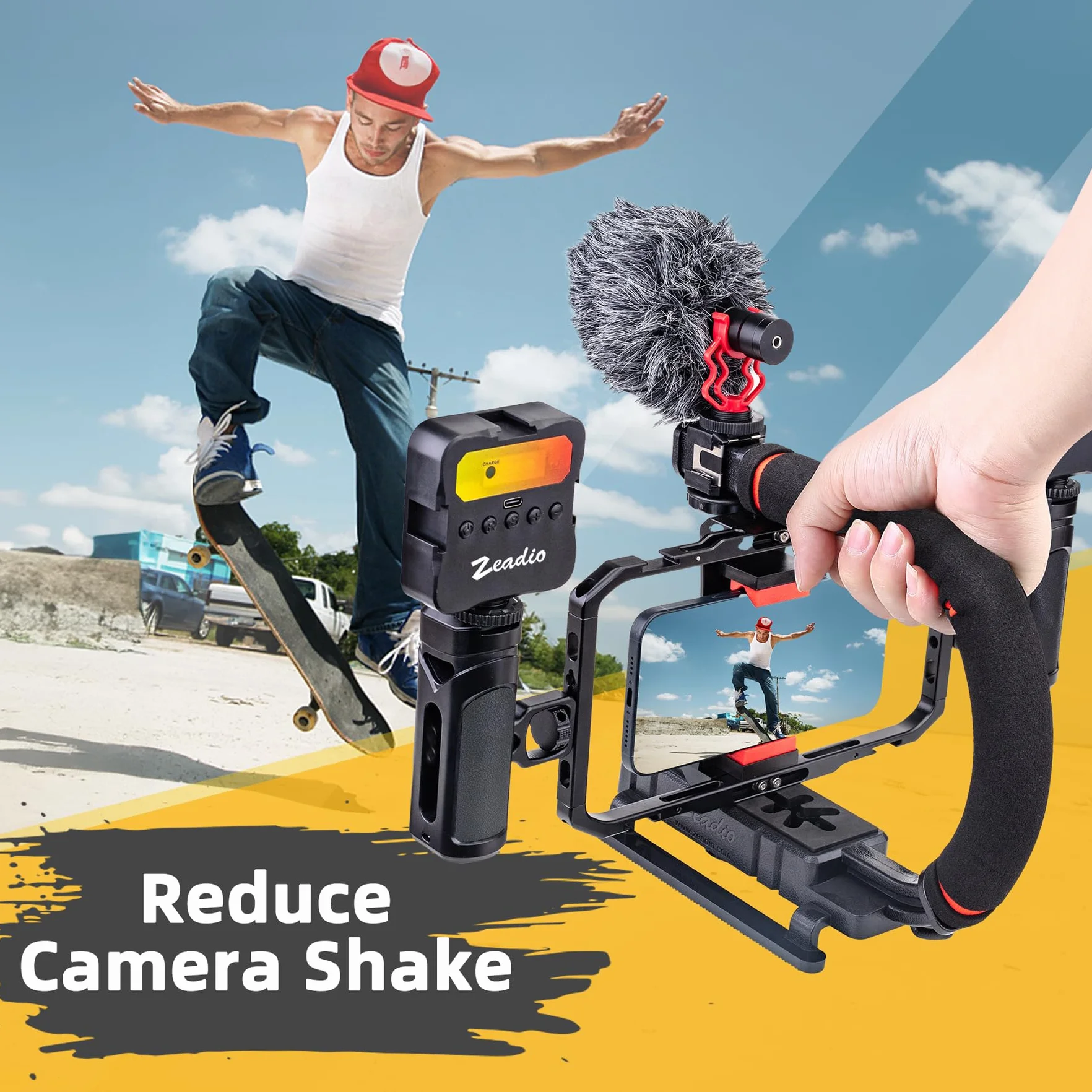 Zeadio Przenośny stabilizator aparatu z aluminiowym uchwytem na smartfon, uchwyt potrójny pazur, kompatybilny ze wszystkimi smartfonami DSLR